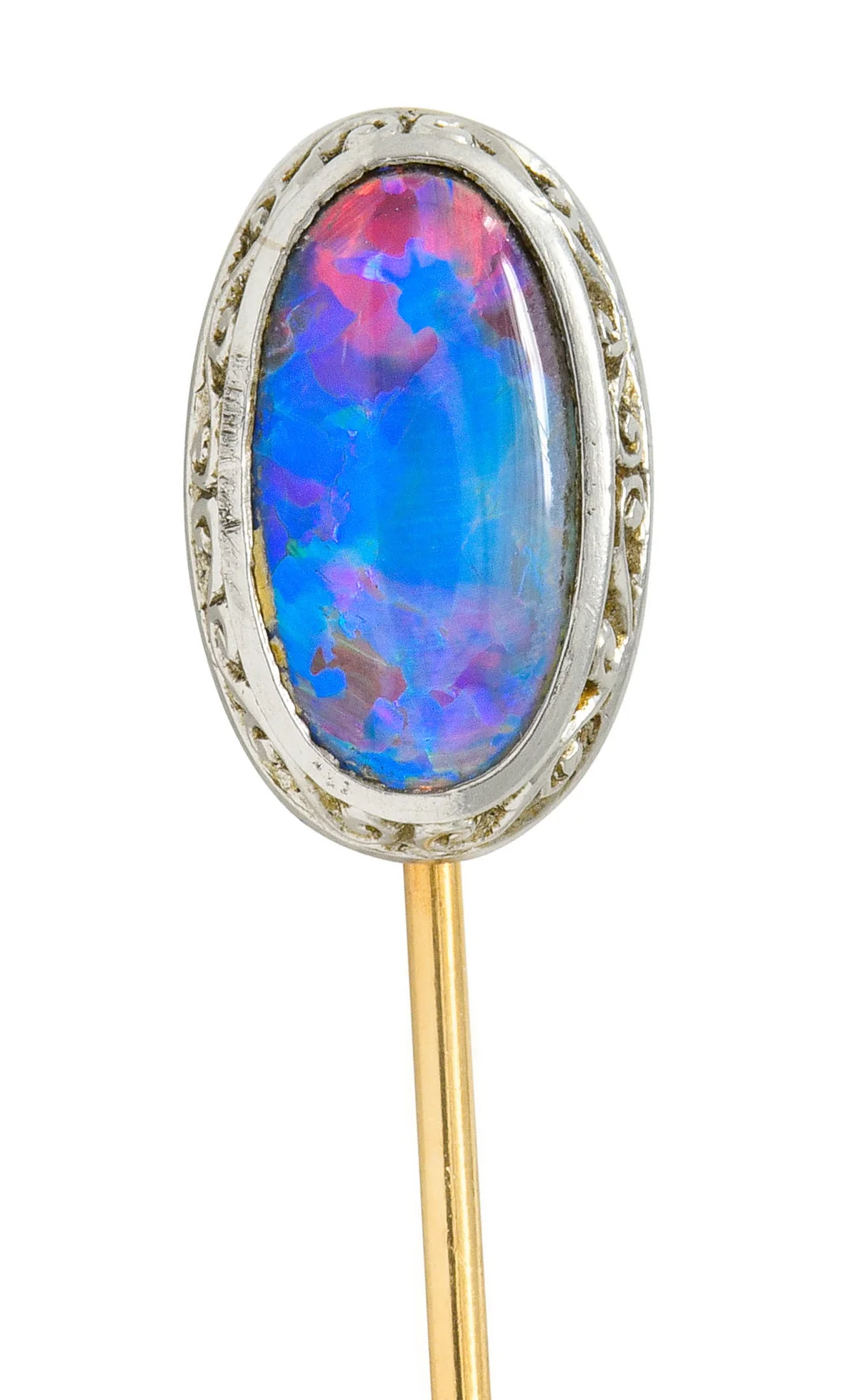Edwardian Black Opal Platinum 14 Karat Gold Scrolled Stickpin - Image 7