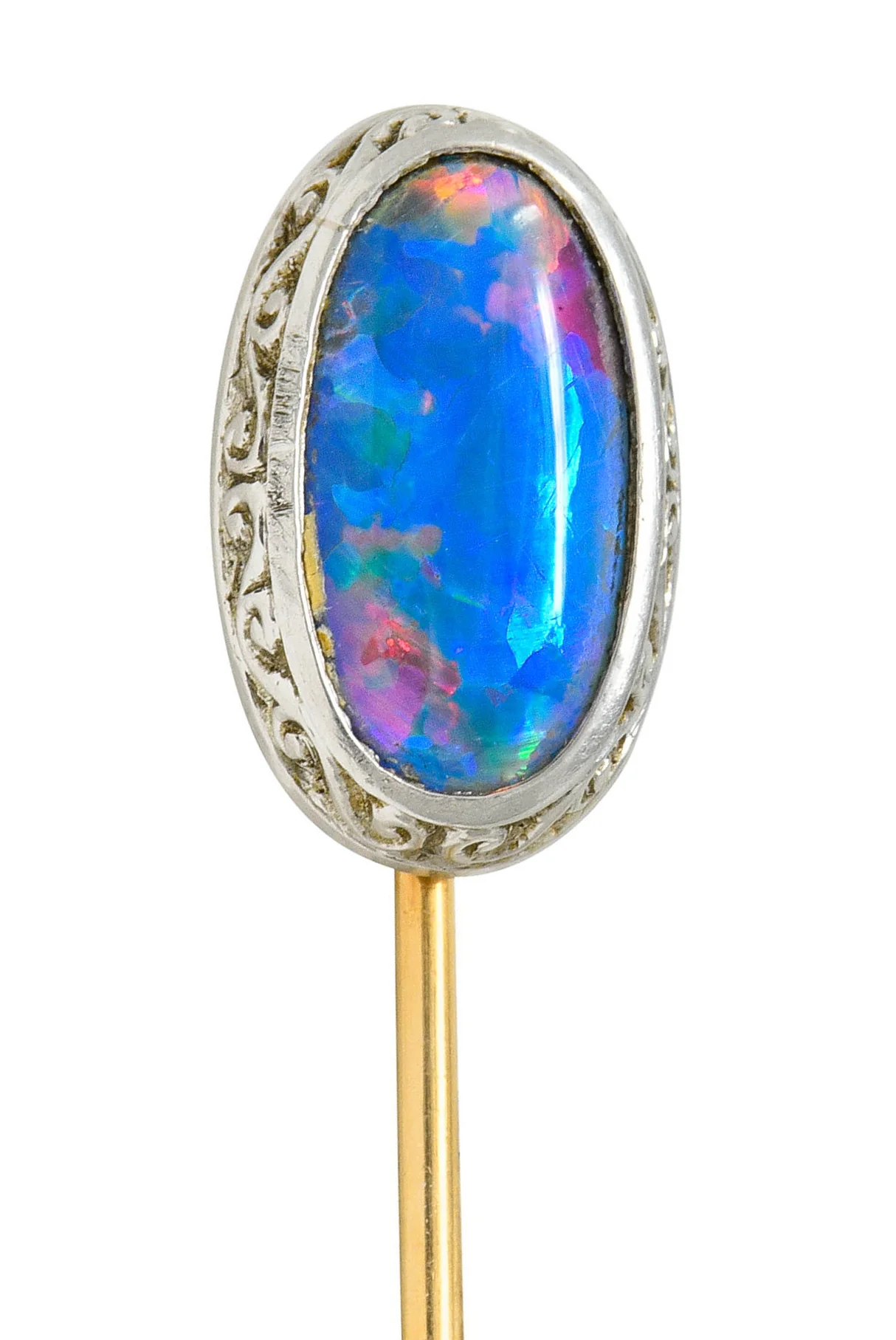 Edwardian Black Opal Platinum 14 Karat Gold Scrolled Stickpin - Image 8