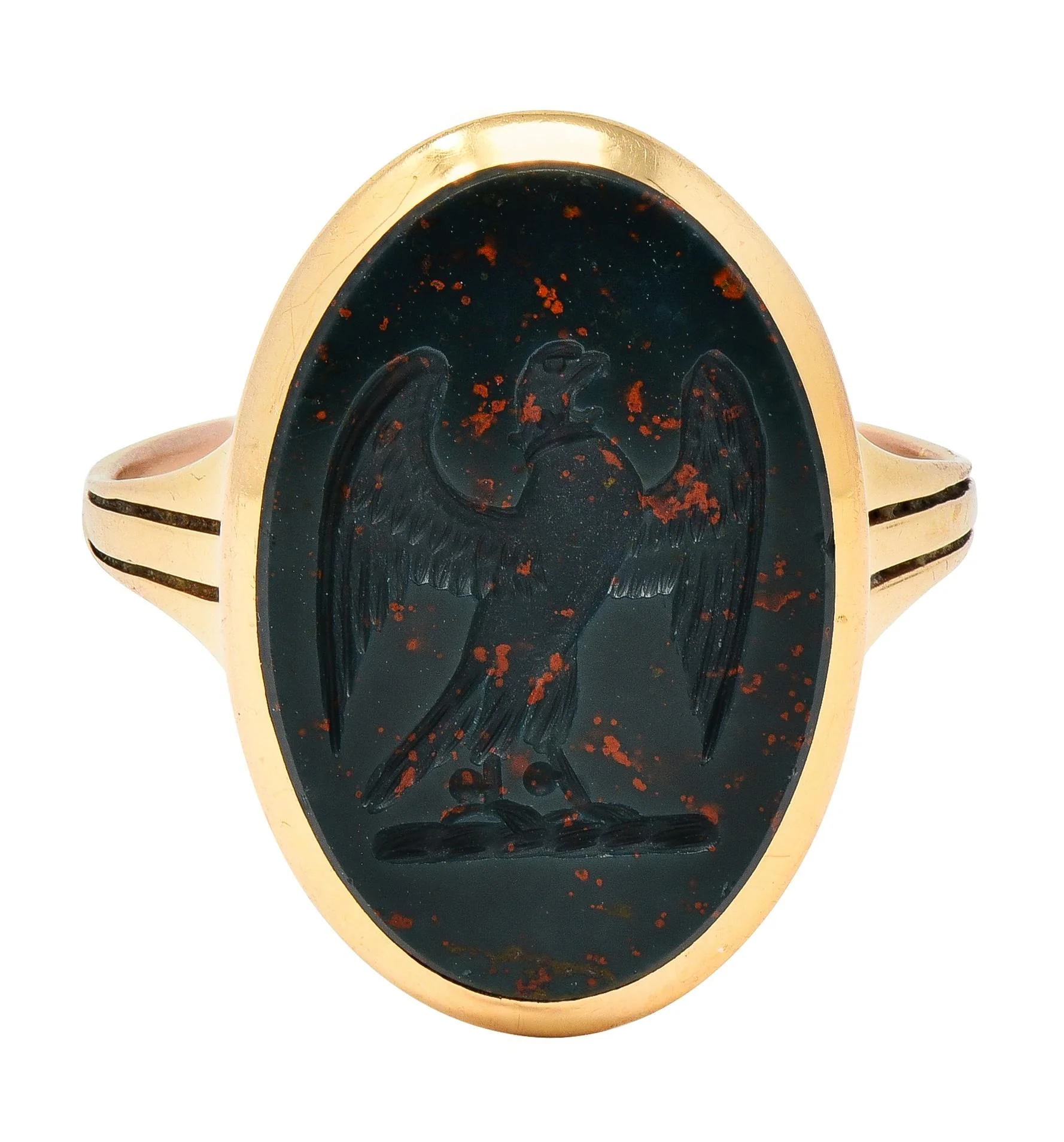 Edwardian Bloodstone 18 Karat Yellow Gold Antique Carved Eagle Intaglio Unisex Signet Ring