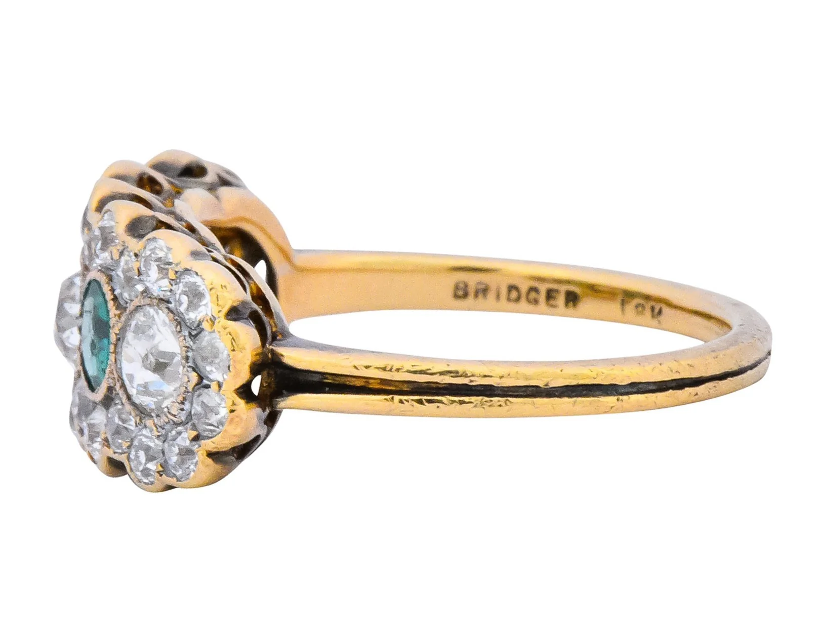 Edwardian Bridger 1.60 CTW Diamond Emerald 18 Karat Gold Cluster Anniversary Ring - Image 4