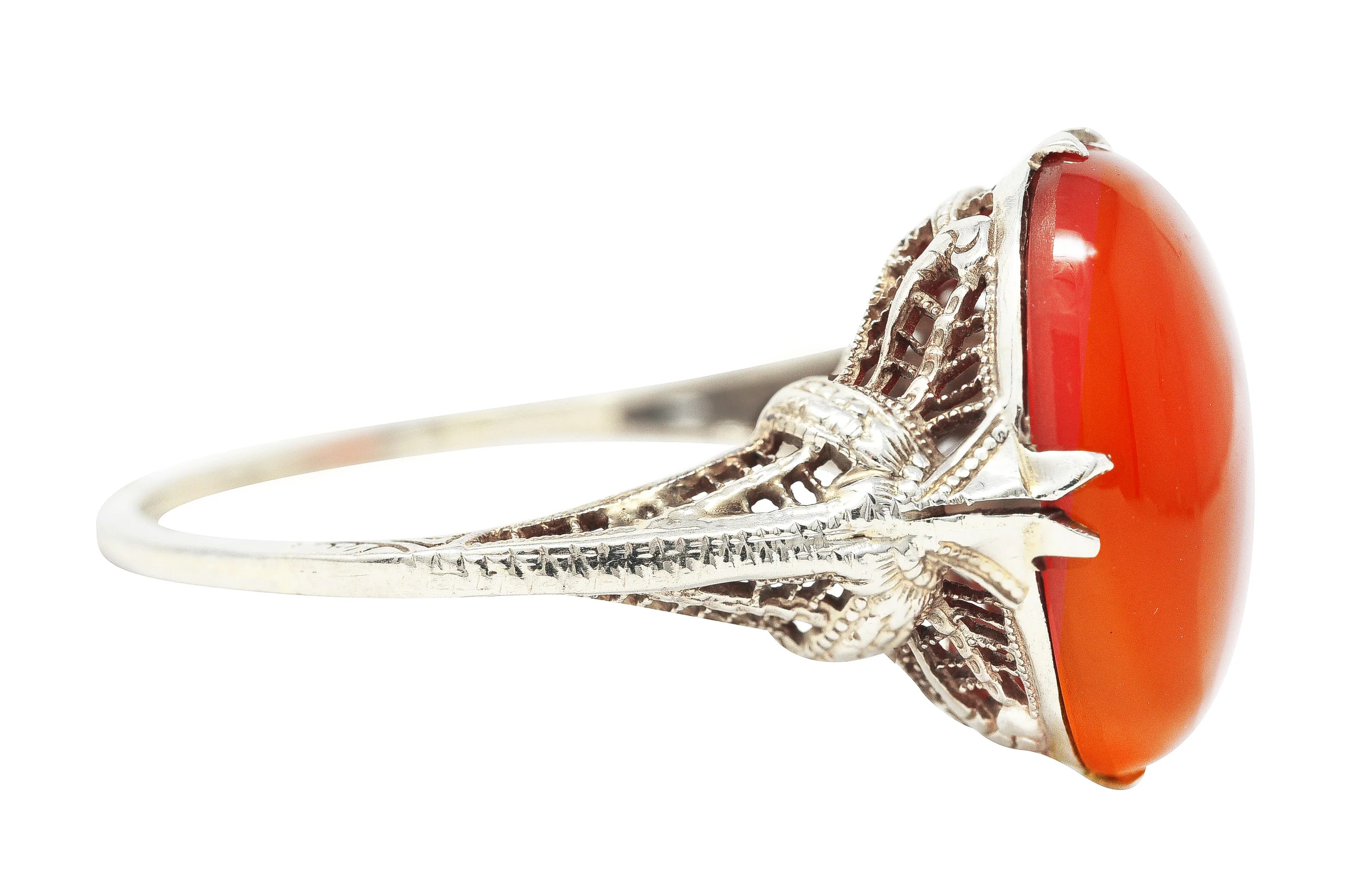 Edwardian Carnelian 18 Karat White Gold Scrolling Filigree Trellis Antique Ring - Image 3