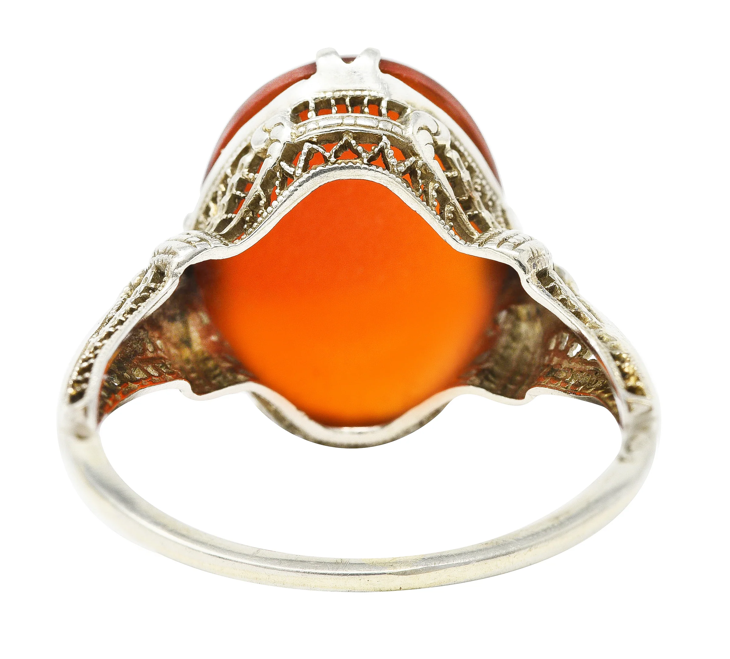 Edwardian Carnelian 18 Karat White Gold Scrolling Filigree Trellis Antique Ring - Image 4