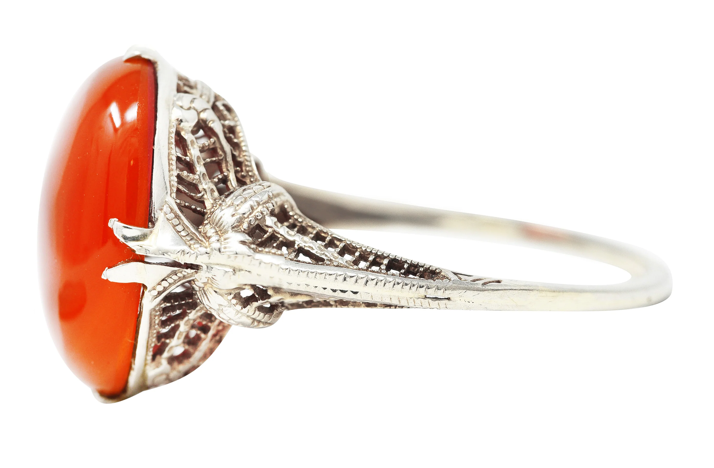Edwardian Carnelian 18 Karat White Gold Scrolling Filigree Trellis Antique Ring - Image 5