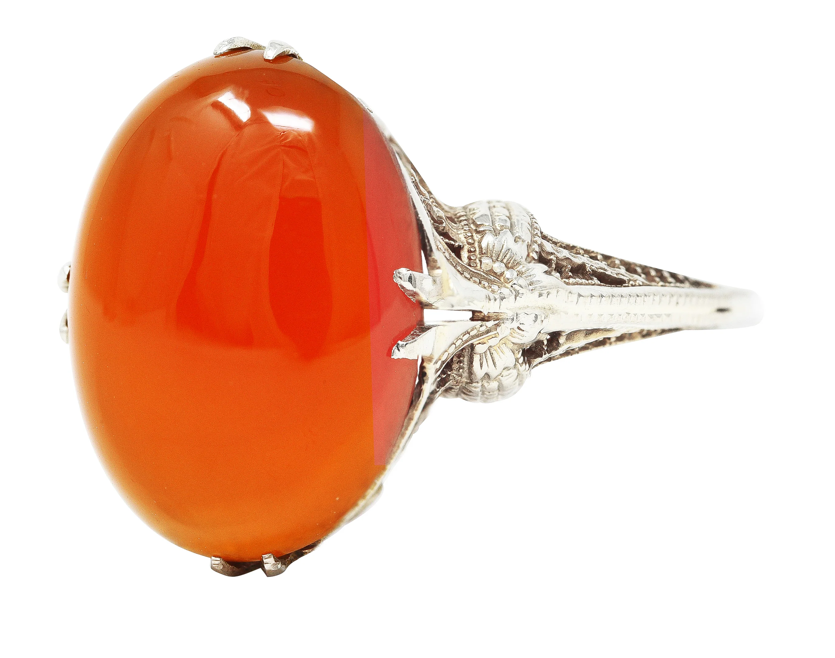 Edwardian Carnelian 18 Karat White Gold Scrolling Filigree Trellis Antique Ring - Image 6