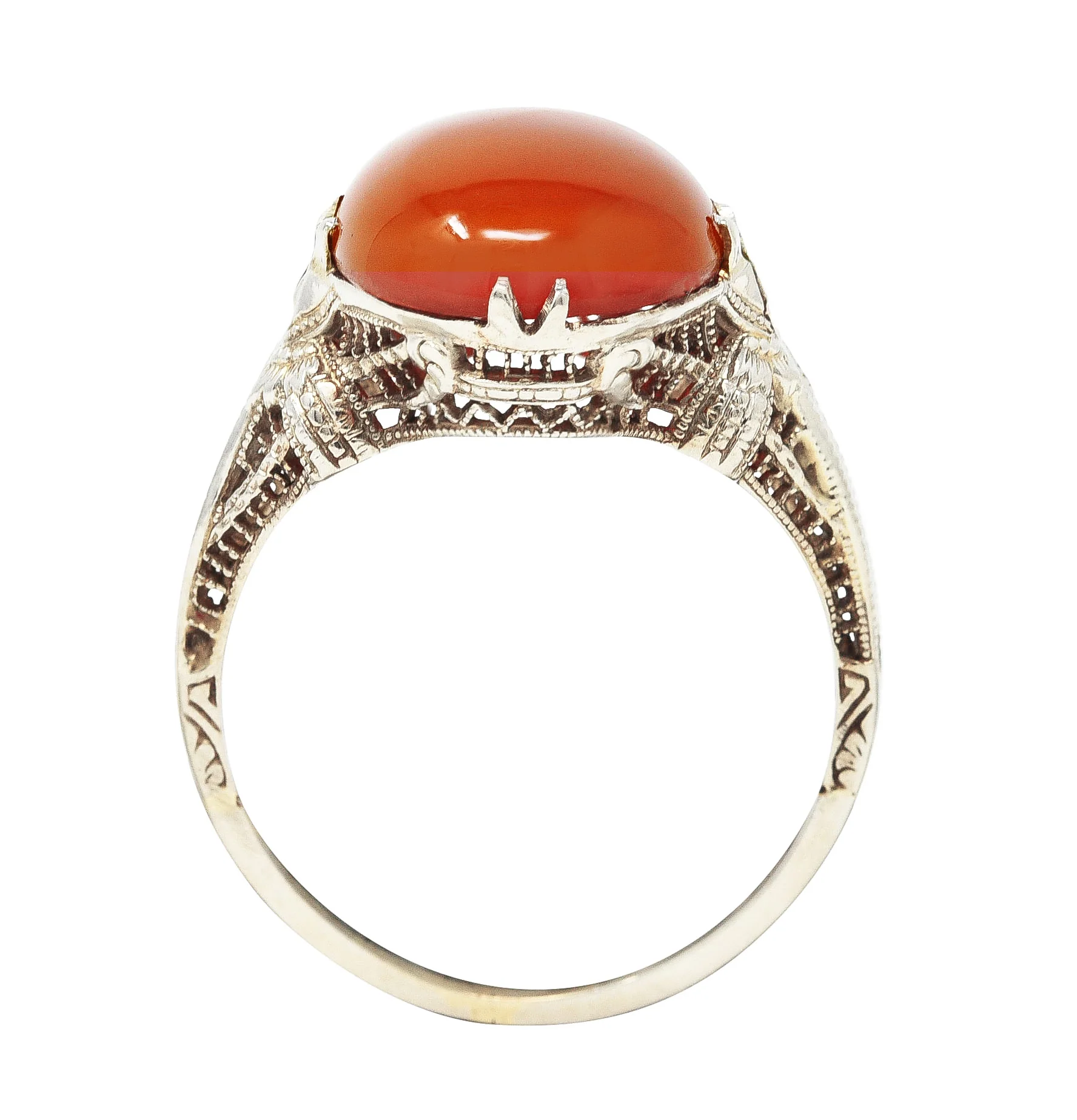 Edwardian Carnelian 18 Karat White Gold Scrolling Filigree Trellis Antique Ring - Image 8
