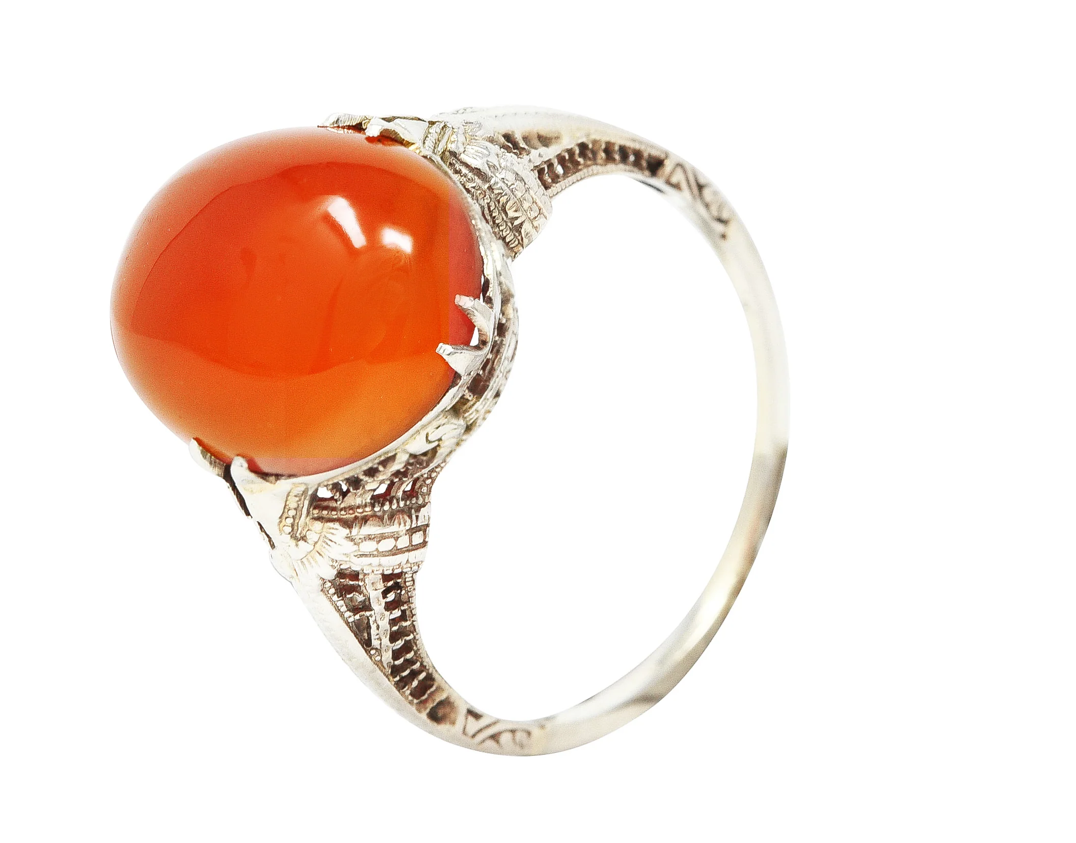 Edwardian Carnelian 18 Karat White Gold Scrolling Filigree Trellis Antique Ring - Image 9