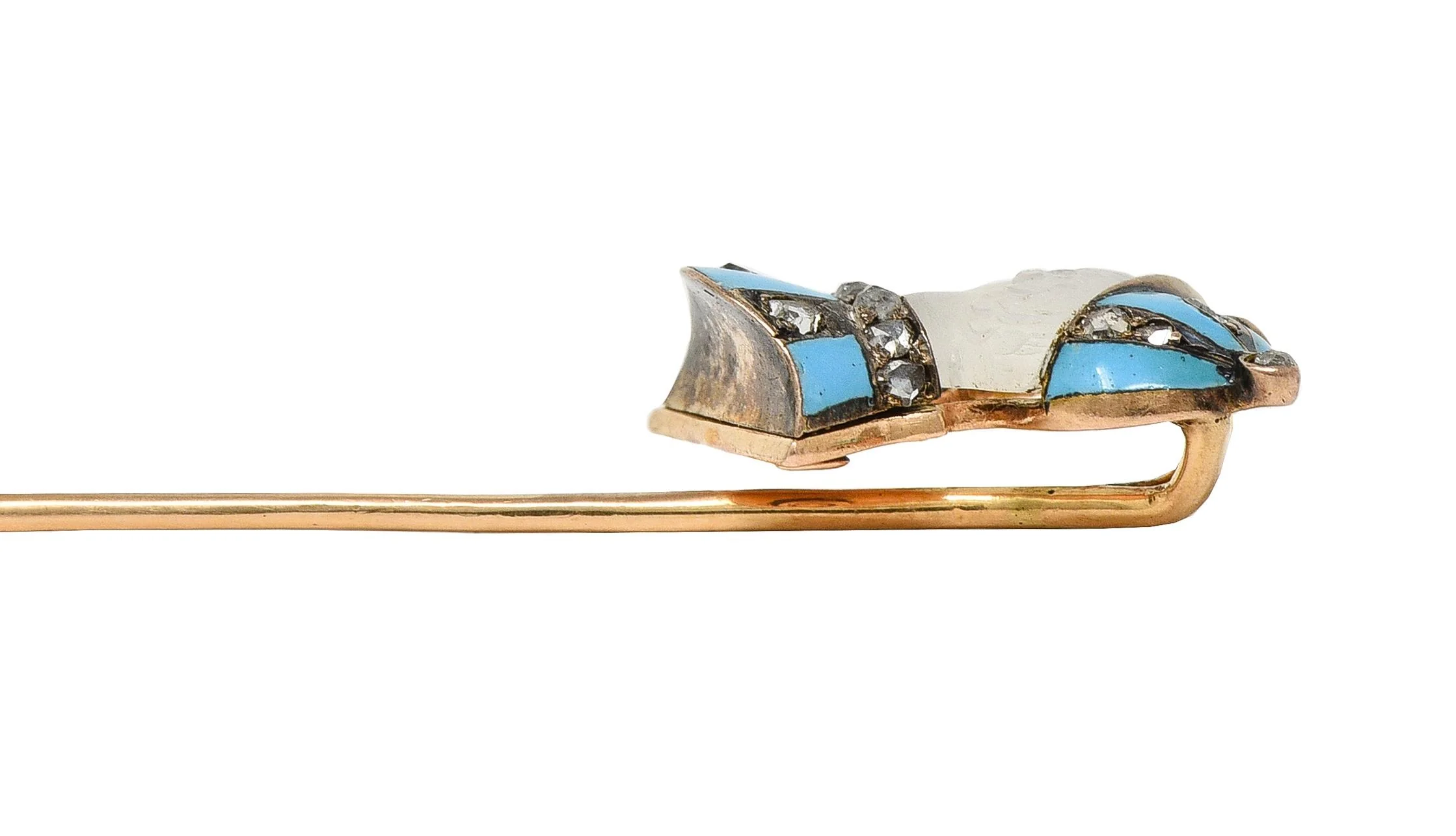 Edwardian Carved Moonstone Ruby Diamond Enamel Silver 14 Karat Gold Jockey Antique Stickpin - Image 10