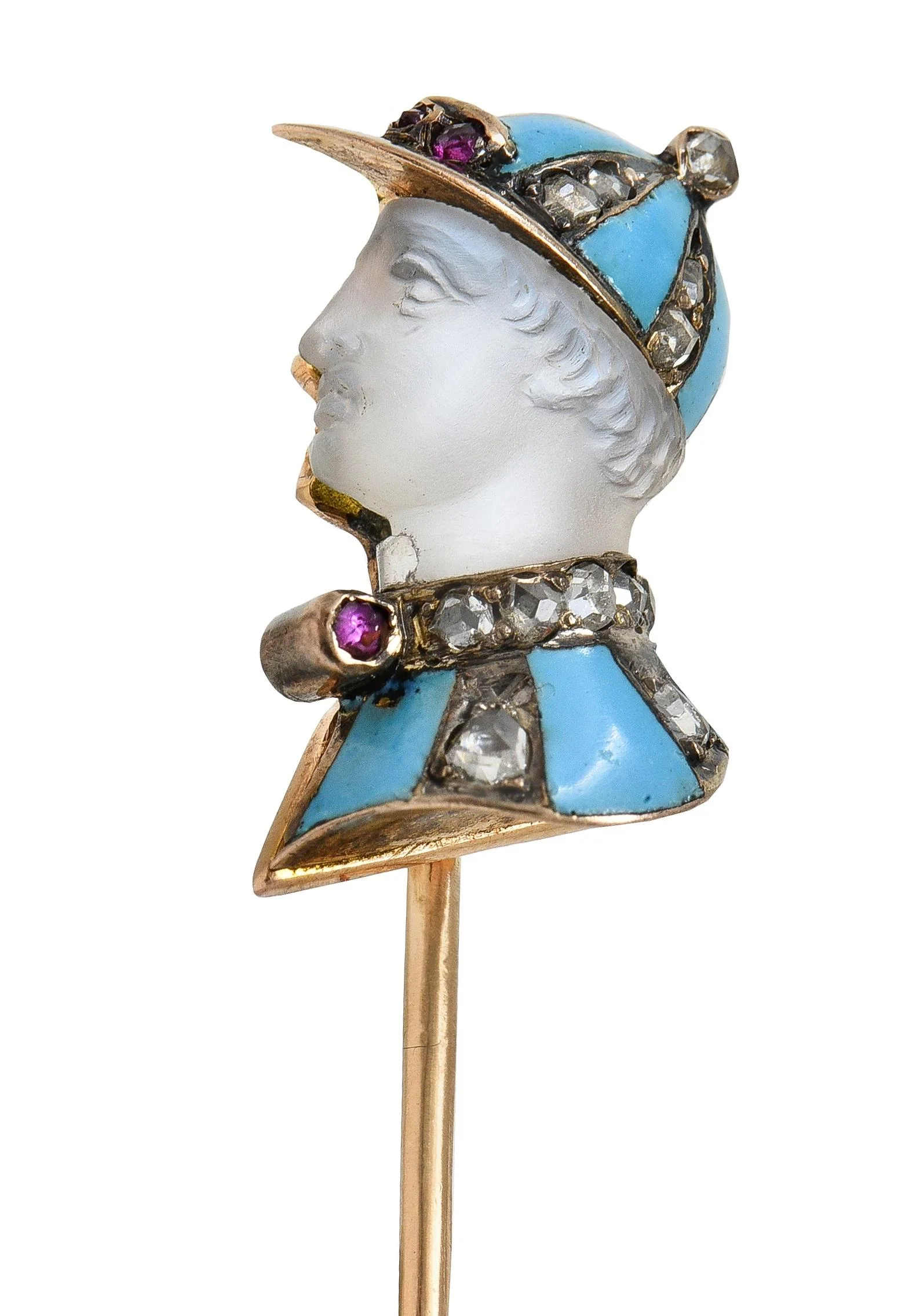 Edwardian Carved Moonstone Ruby Diamond Enamel Silver 14 Karat Gold Jockey Antique Stickpin - Image 3