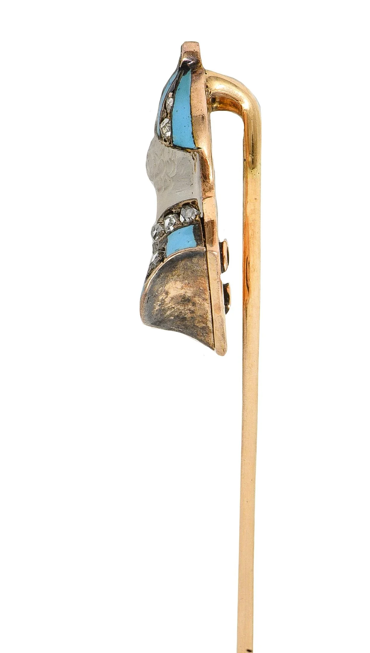 Edwardian Carved Moonstone Ruby Diamond Enamel Silver 14 Karat Gold Jockey Antique Stickpin - Image 6