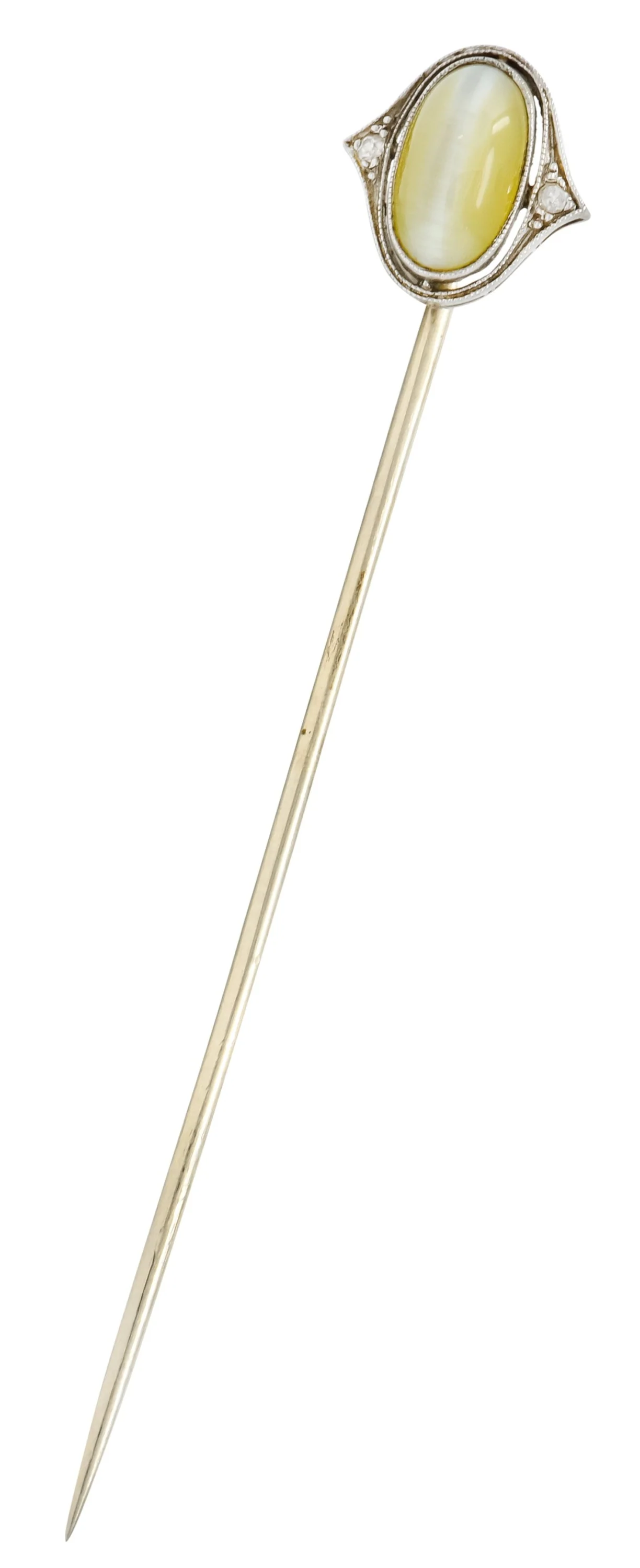 Edwardian Cat's Eye Chrysoberyl Diamond Platinum 14 Karat Gold Cabochon Stickpin - Image 2