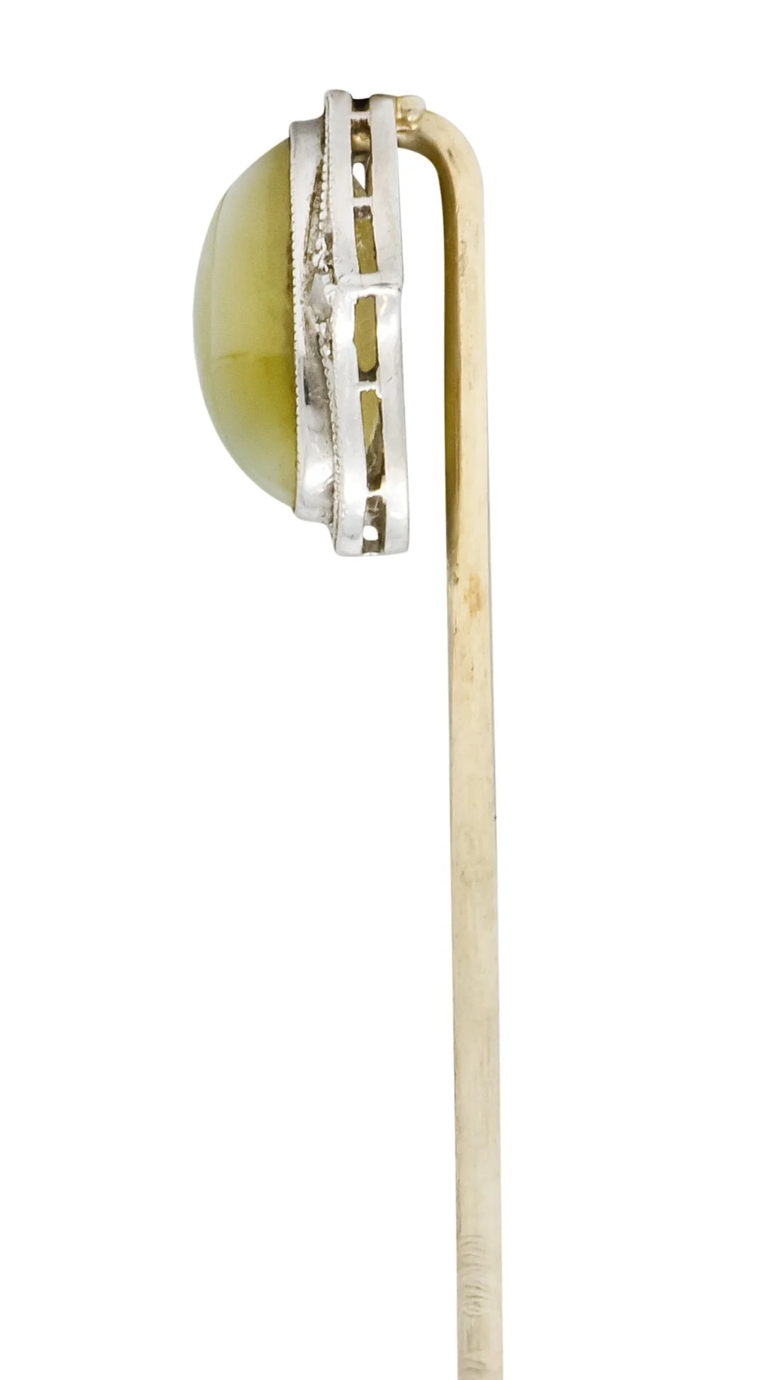 Edwardian Cat's Eye Chrysoberyl Diamond Platinum 14 Karat Gold Cabochon Stickpin - Image 3