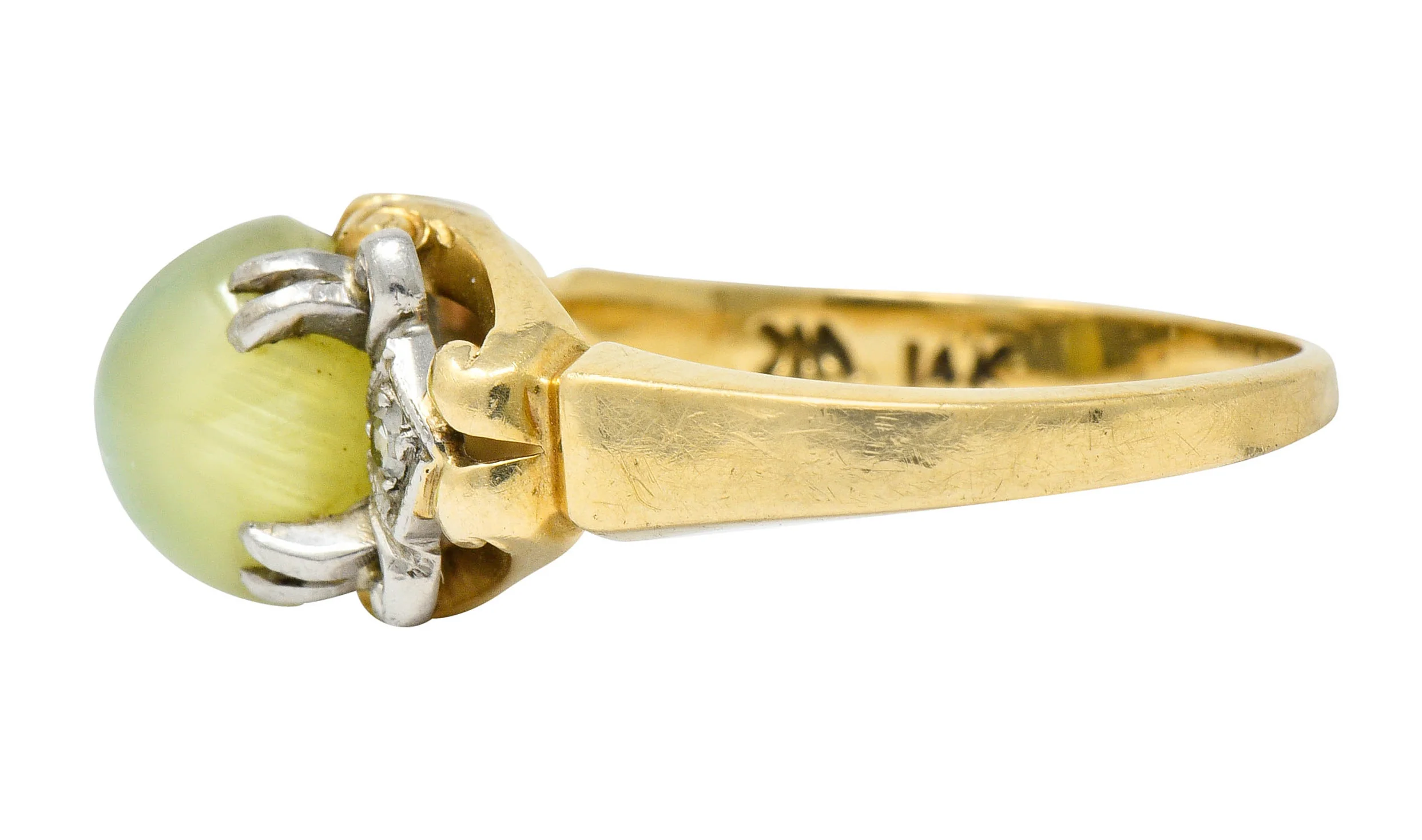 Edwardian Cat's Eye Chrysoberyl Diamond Platinum-Topped 14 Karat Gold Ring - Image 6