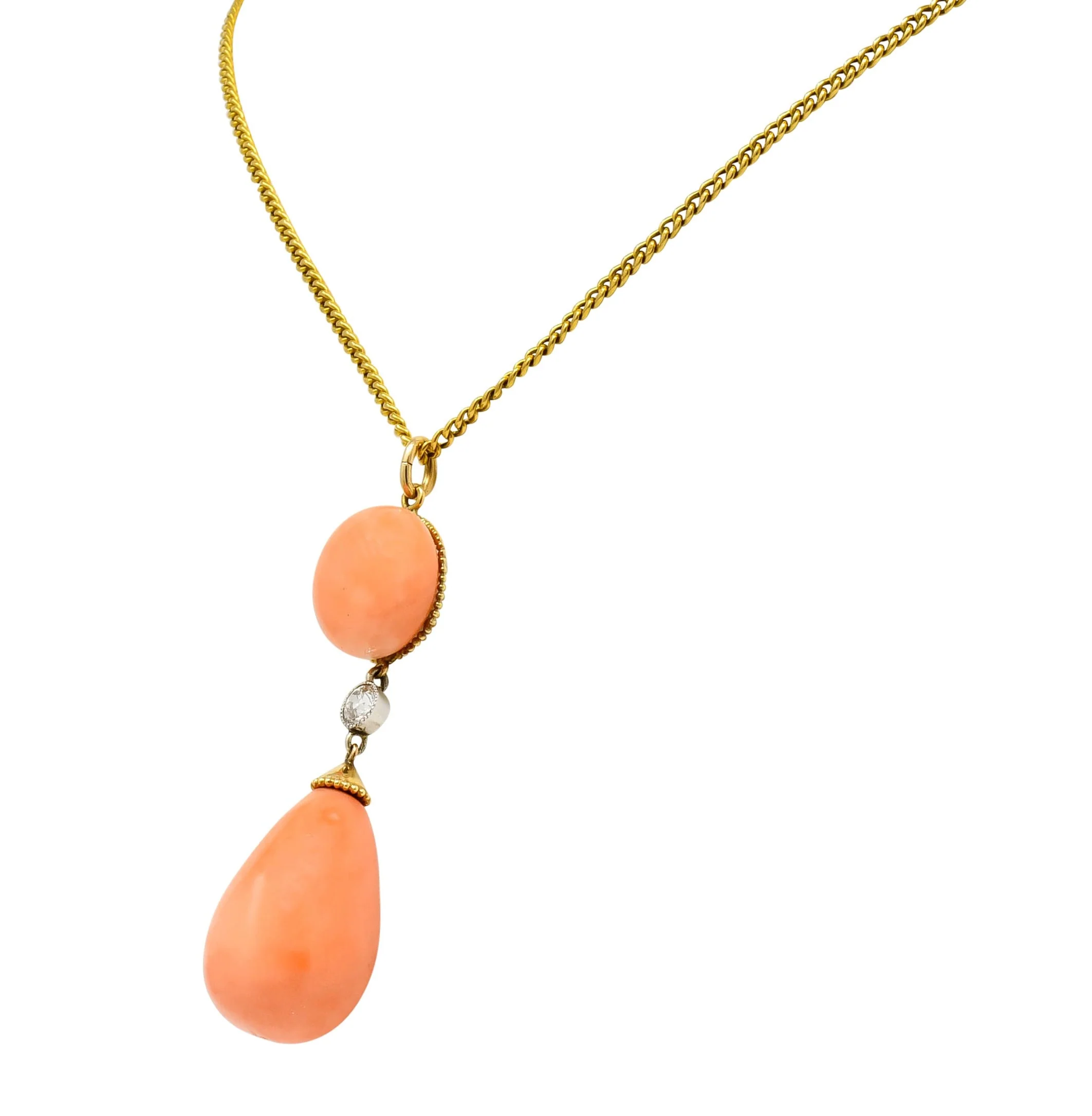 Edwardian Coral Diamond Platinum Gold Drop Pendant Necklace Circa 1940s - Image 2