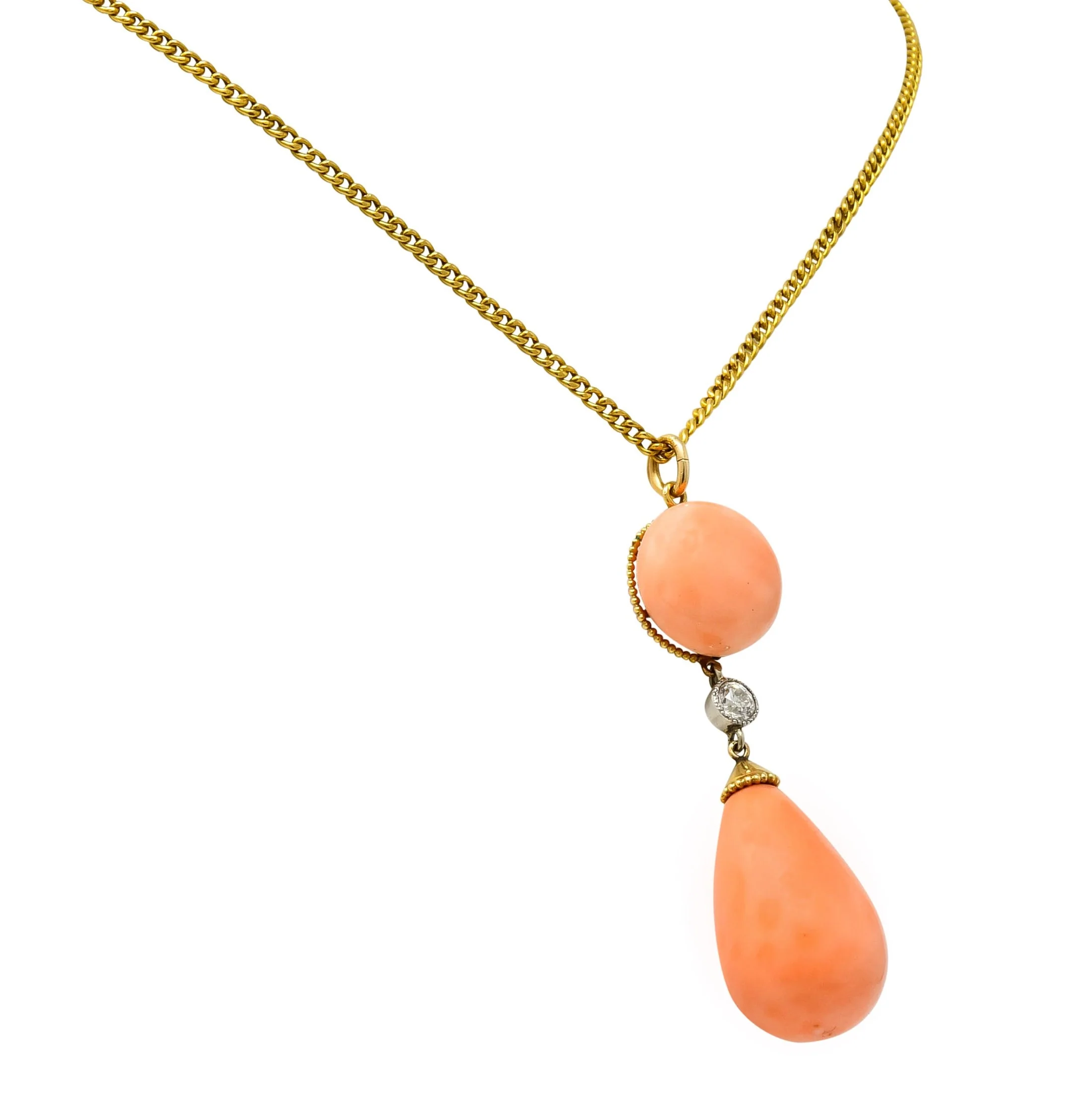 Edwardian Coral Diamond Platinum Gold Drop Pendant Necklace Circa 1940s - Image 3