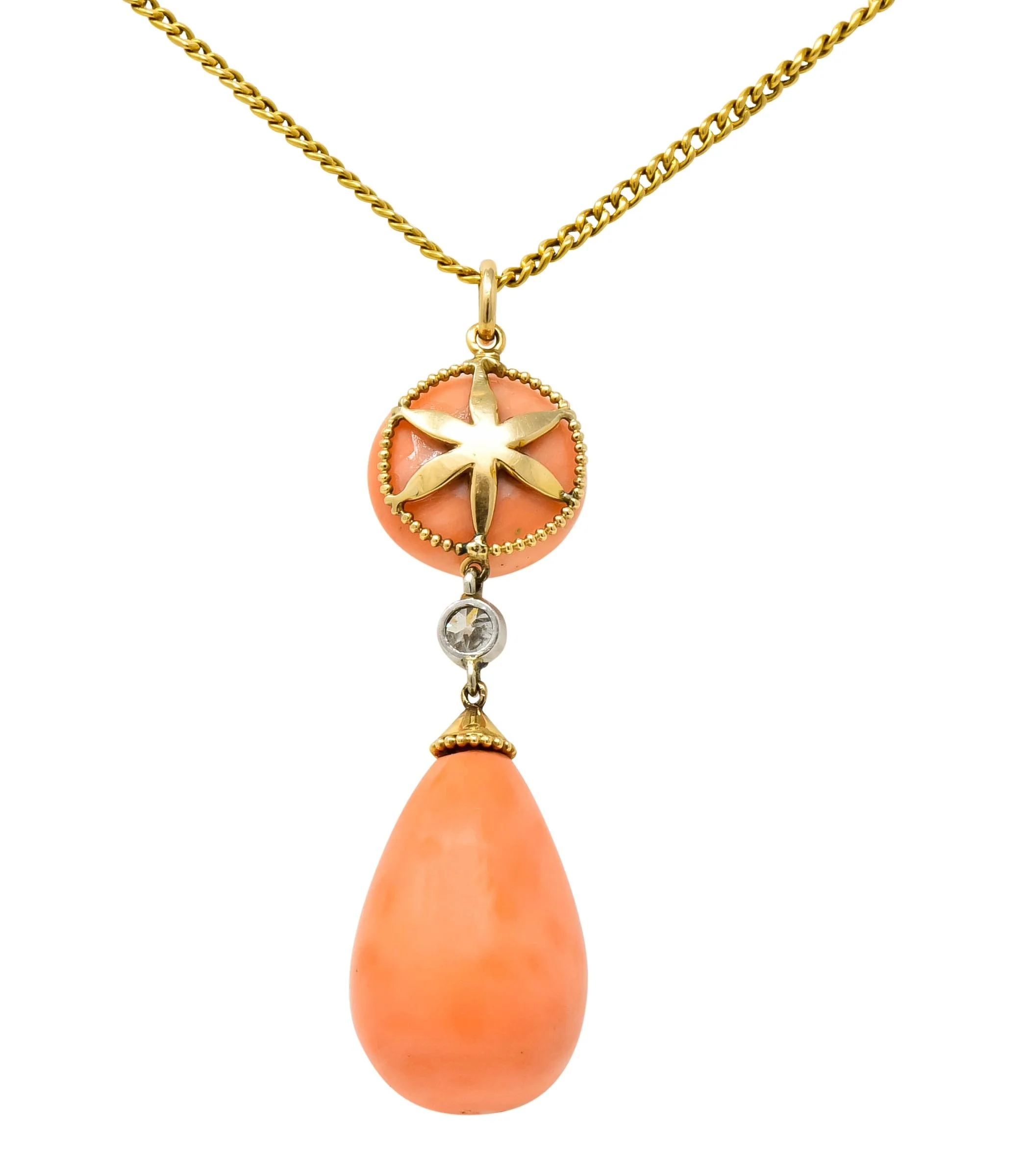 Edwardian Coral Diamond Platinum Gold Drop Pendant Necklace Circa 1940s - Image 6