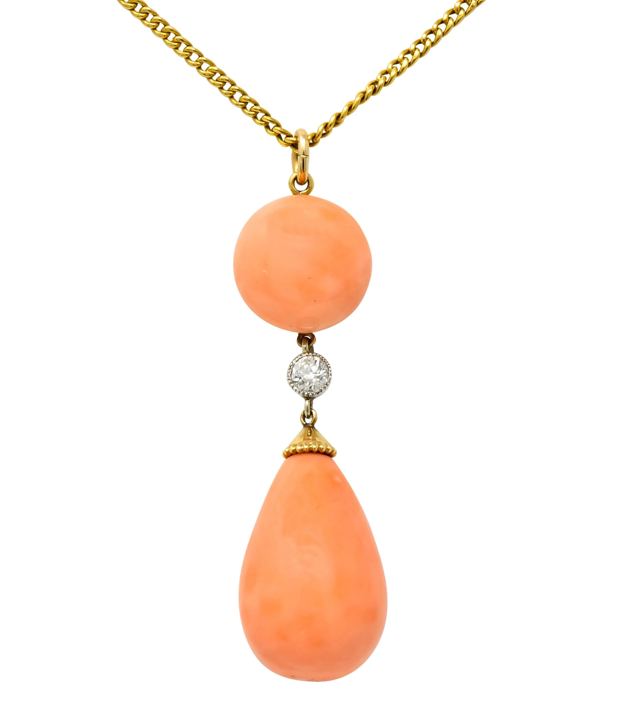 Edwardian Coral Diamond Platinum Gold Drop Pendant Necklace Circa 1940s - Image 7