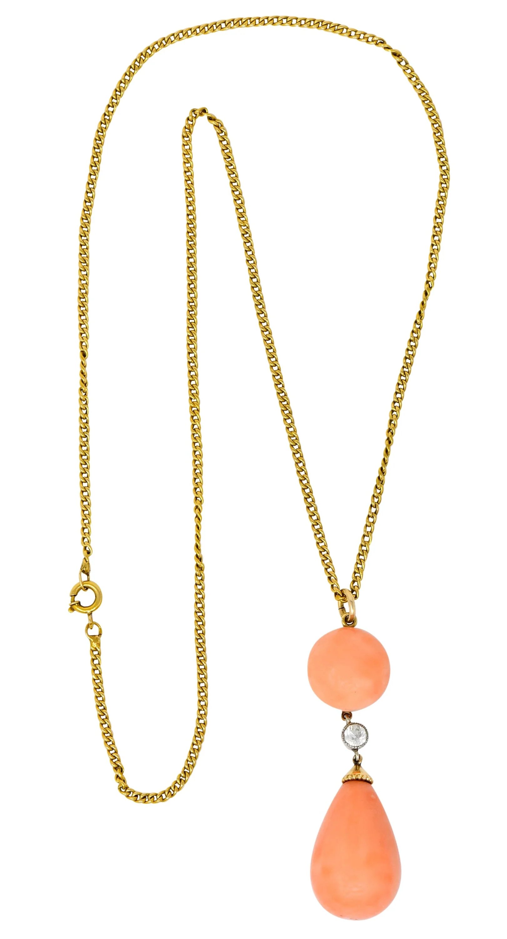 Edwardian Coral Diamond Platinum Gold Drop Pendant Necklace Circa 1940s - Image 8