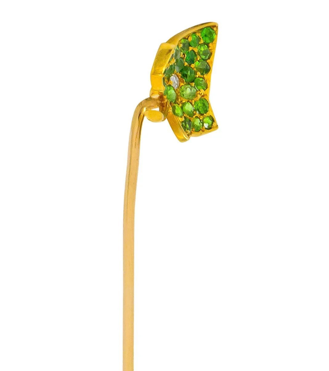 Edwardian Demantoid Garnet Diamond 18 Karat Gold Pavé Leaf Stickpin - Image 5