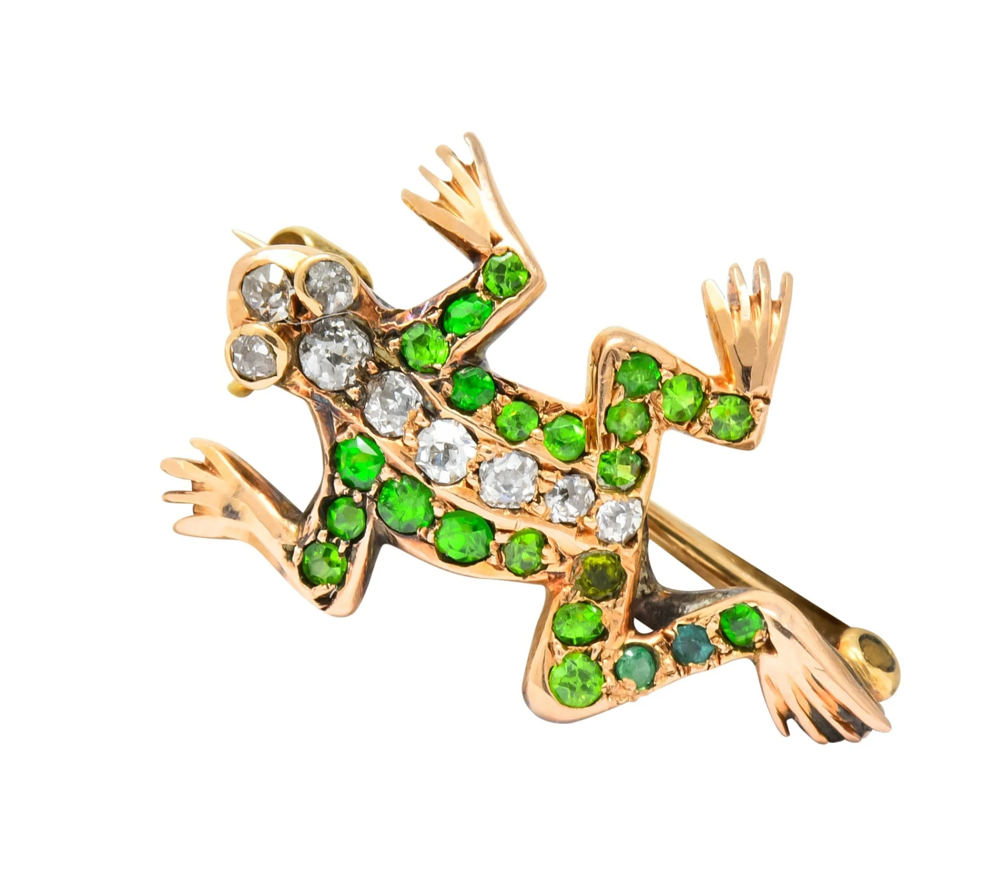 Edwardian Diamond Demantoid Garnet 14 Karat Gold Frog Brooch Circa 1900