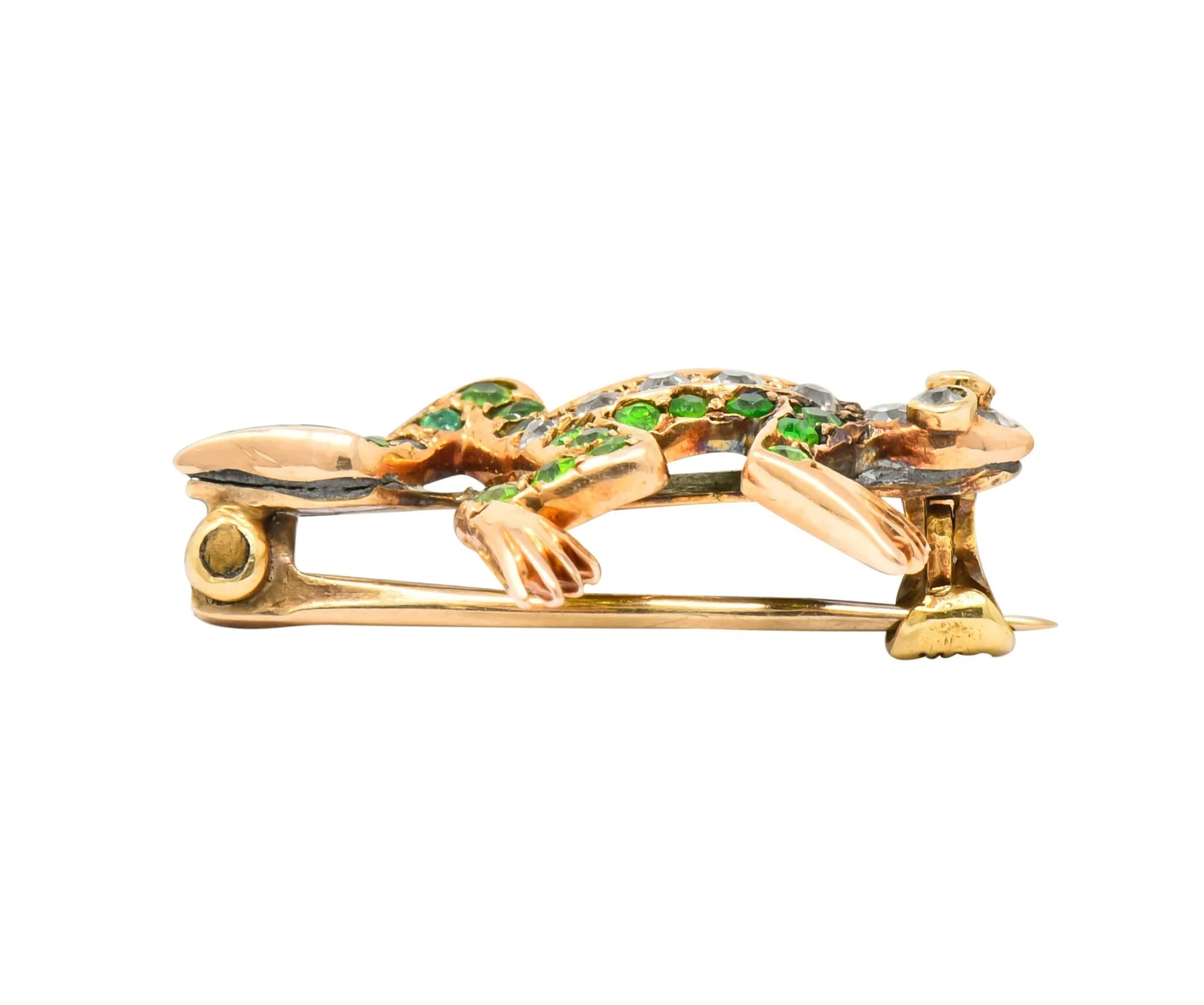Edwardian Diamond Demantoid Garnet 14 Karat Gold Frog Brooch Circa 1900 - Image 10