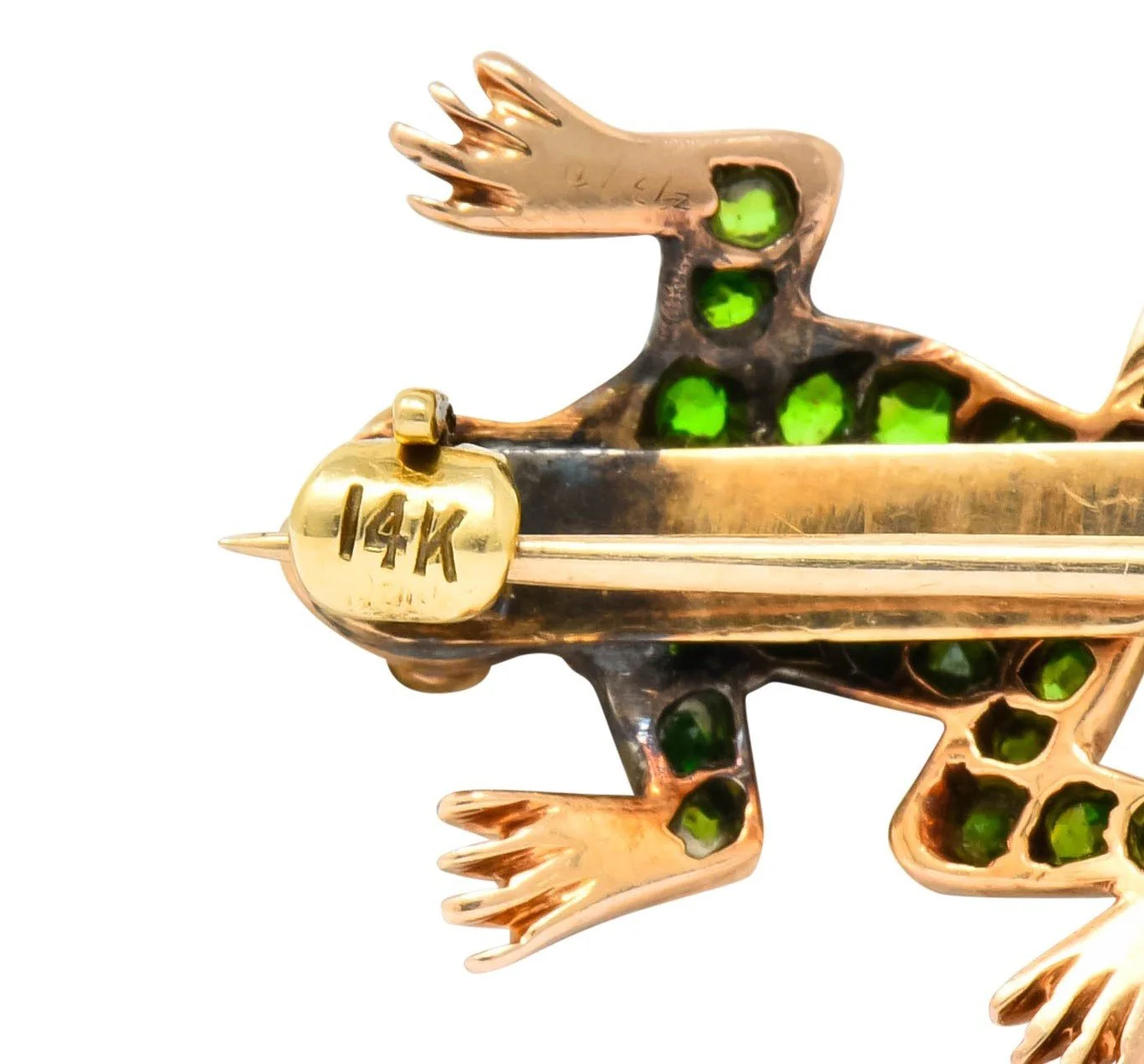 Edwardian Diamond Demantoid Garnet 14 Karat Gold Frog Brooch Circa 1900 - Image 11