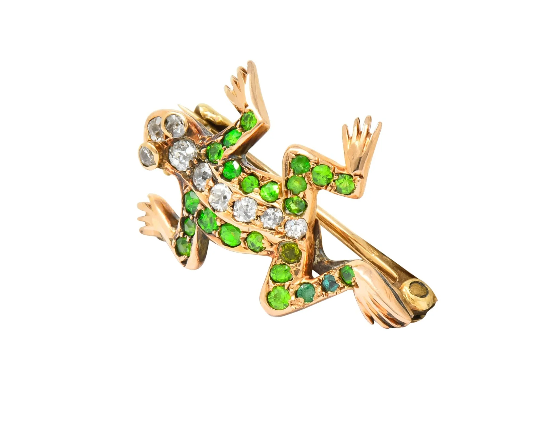 Edwardian Diamond Demantoid Garnet 14 Karat Gold Frog Brooch Circa 1900 - Image 3
