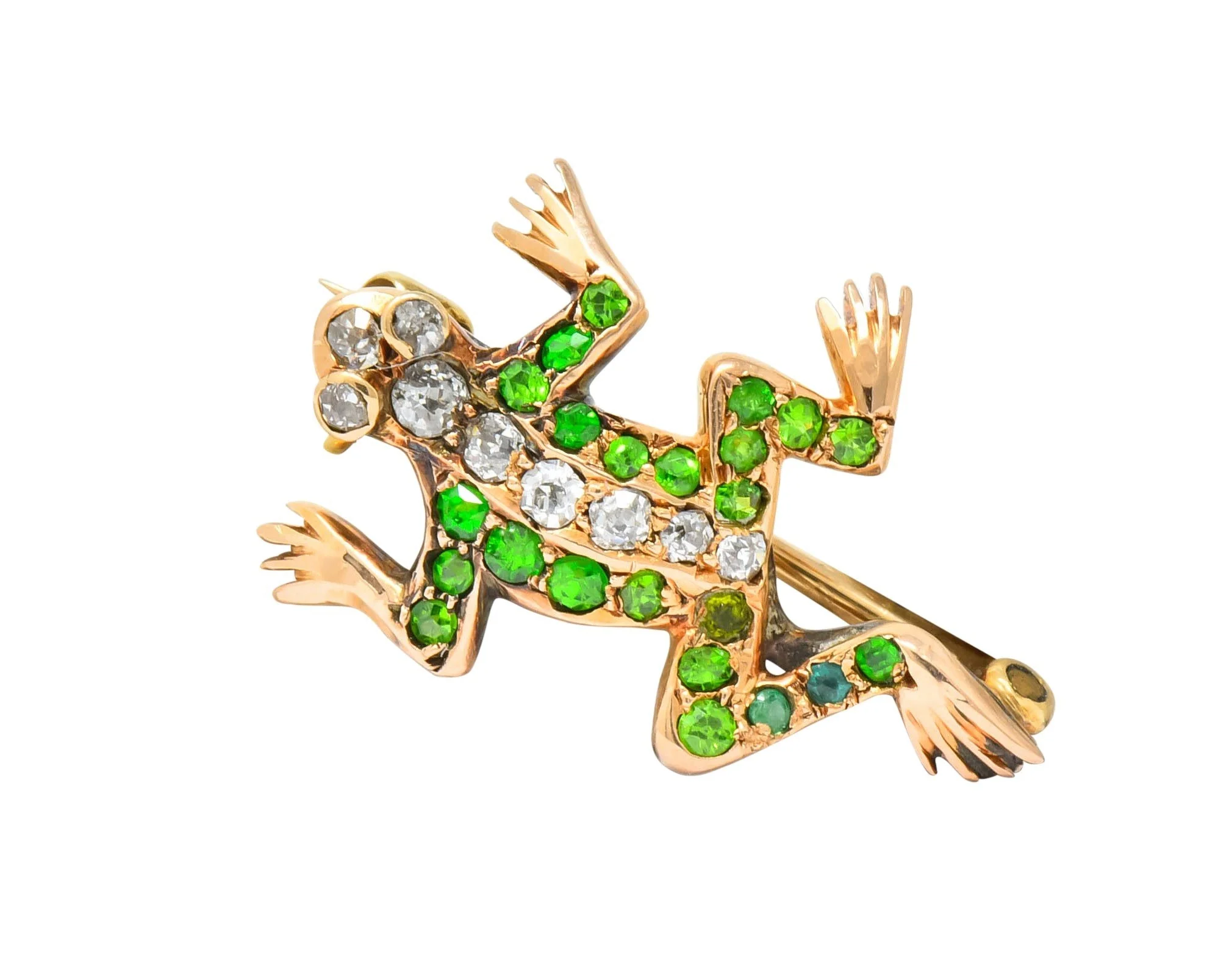 Edwardian Diamond Demantoid Garnet 14 Karat Gold Frog Brooch Circa 1900 - Image 4