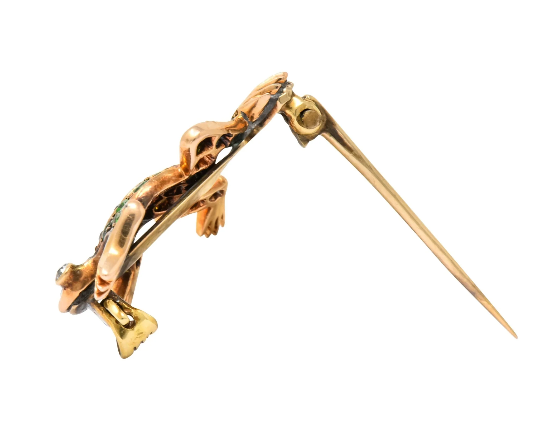 Edwardian Diamond Demantoid Garnet 14 Karat Gold Frog Brooch Circa 1900 - Image 5