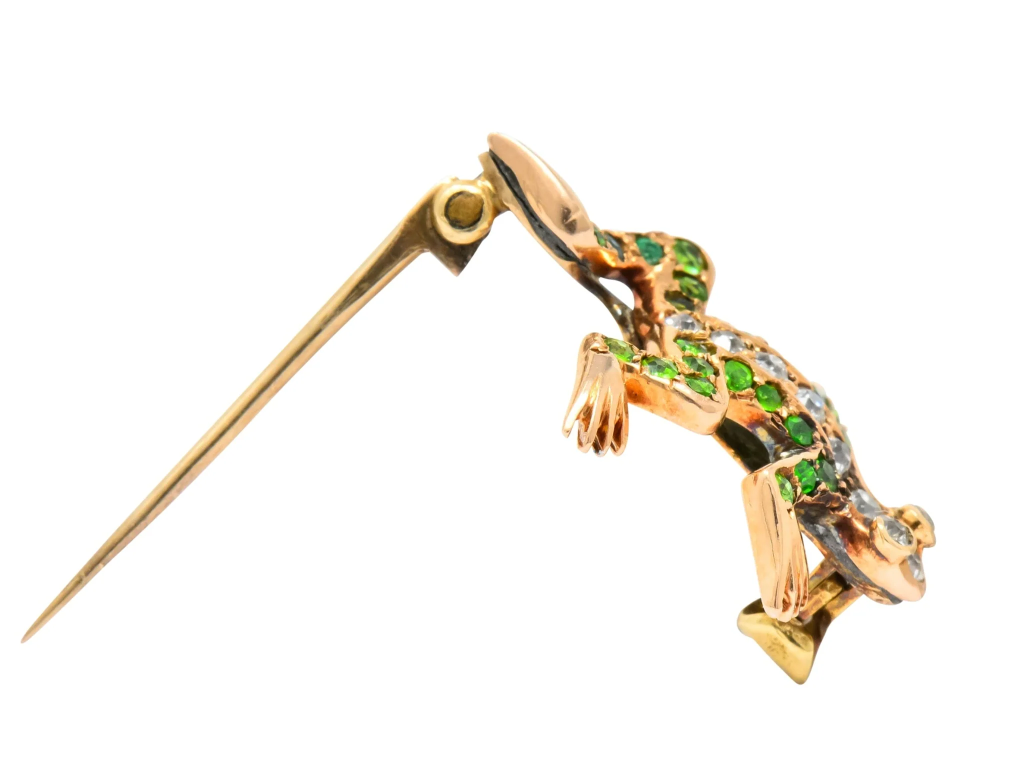 Edwardian Diamond Demantoid Garnet 14 Karat Gold Frog Brooch Circa 1900 - Image 6