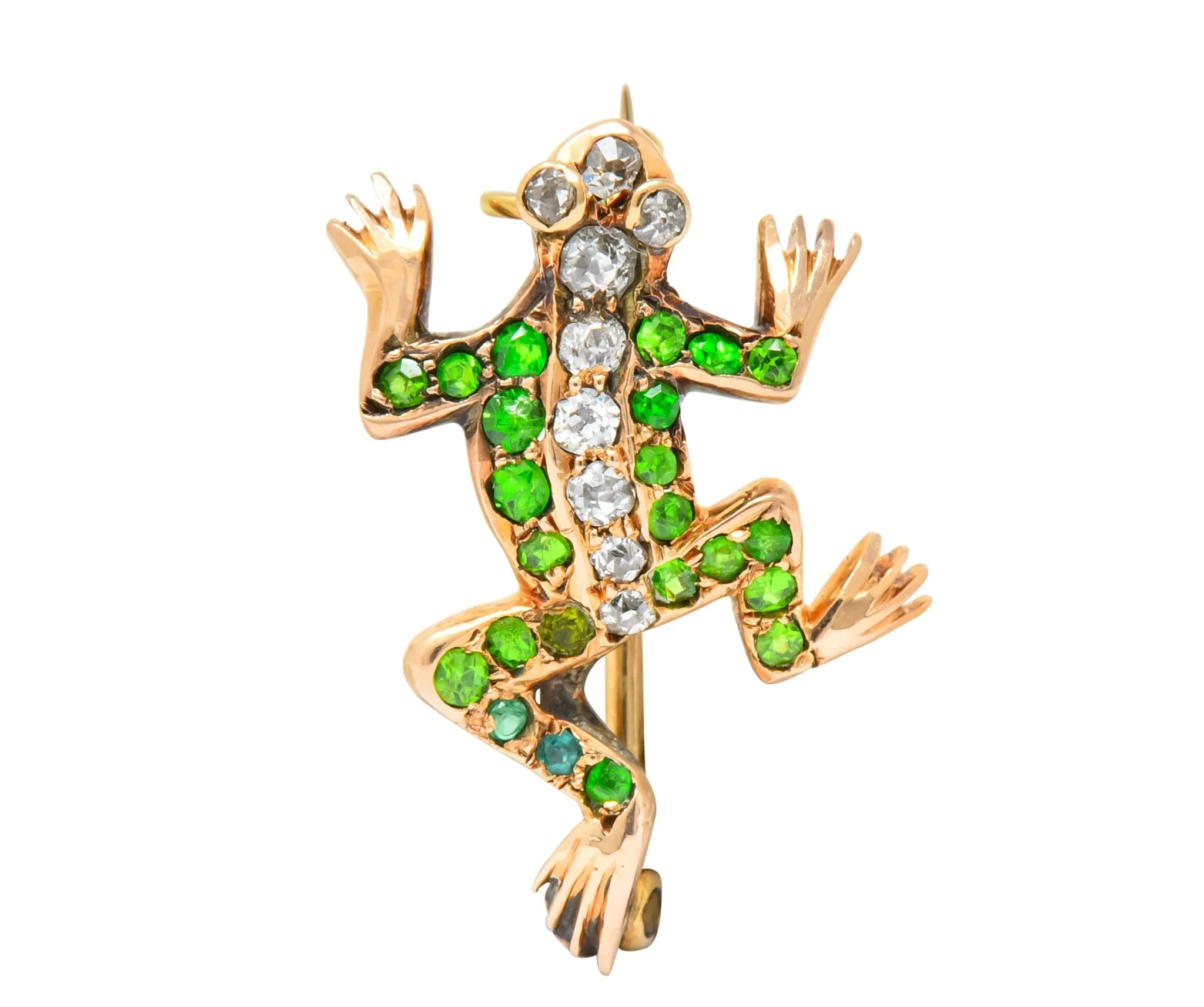 Edwardian Diamond Demantoid Garnet 14 Karat Gold Frog Brooch Circa 1900 - Image 7