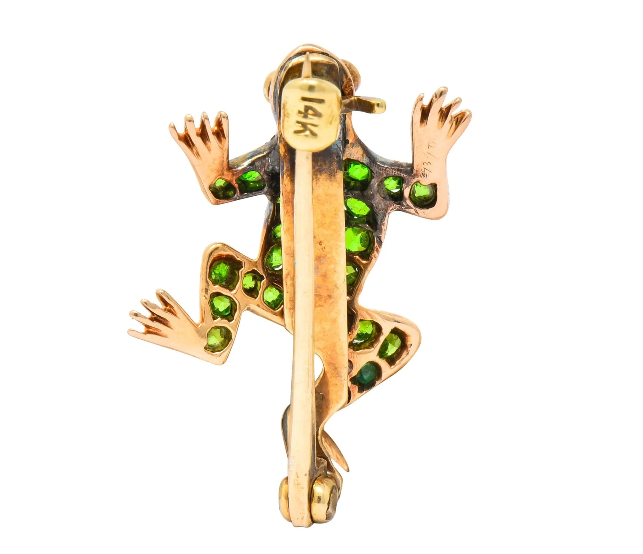 Edwardian Diamond Demantoid Garnet 14 Karat Gold Frog Brooch Circa 1900 - Image 8