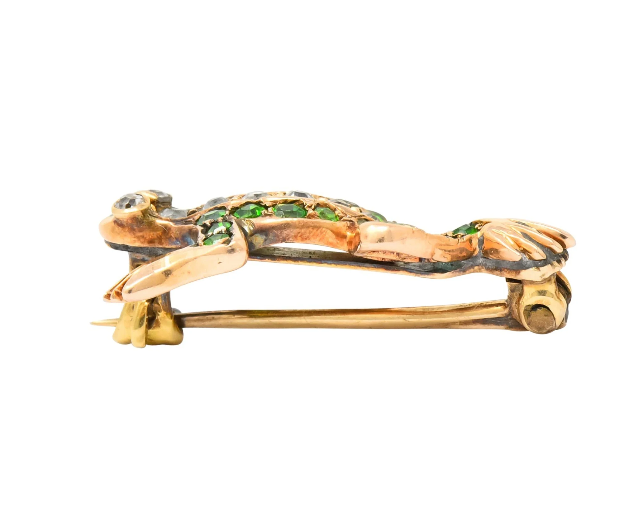 Edwardian Diamond Demantoid Garnet 14 Karat Gold Frog Brooch Circa 1900 - Image 9