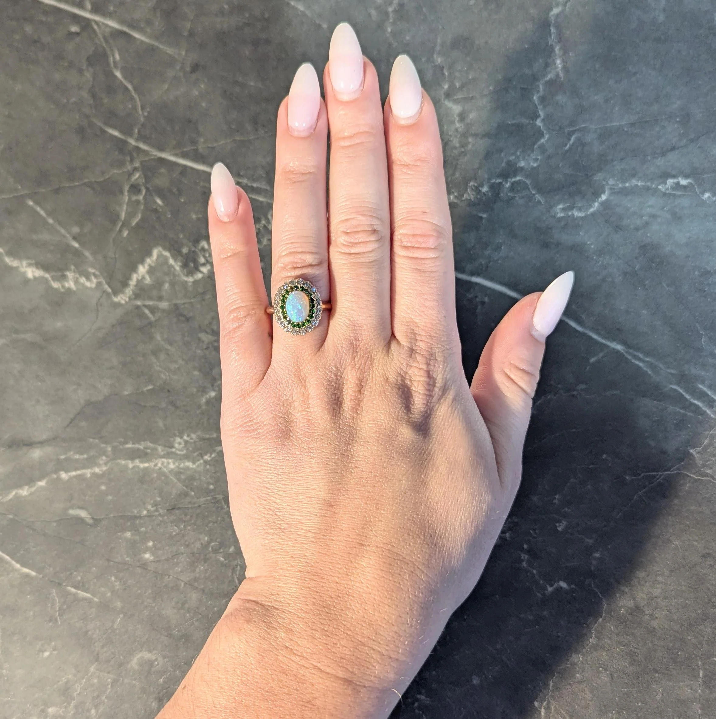 Edwardian Diamond Demantoid Garnet Opal 14 Karat Yellow Gold Antique Halo Ring - Image 10