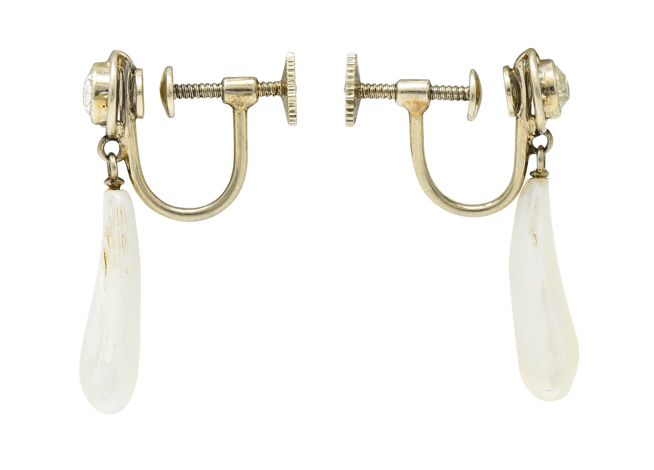 Edwardian Diamond Dogtooth Pearl 18 Karat White Gold Screwback Earrings - Image 2