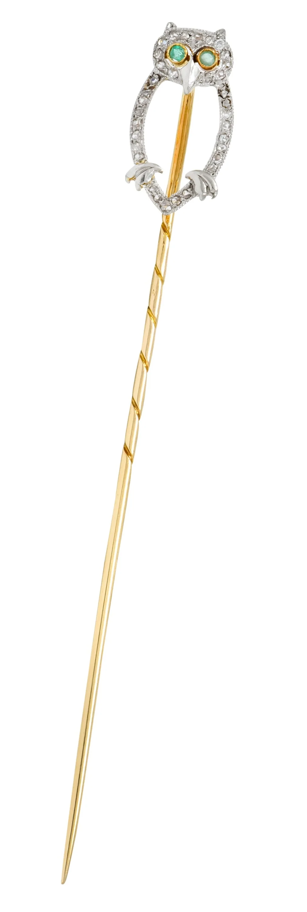 Edwardian Diamond Emerald Platinum-Topped 14 Karat Gold Owl Stickpin - Image 2