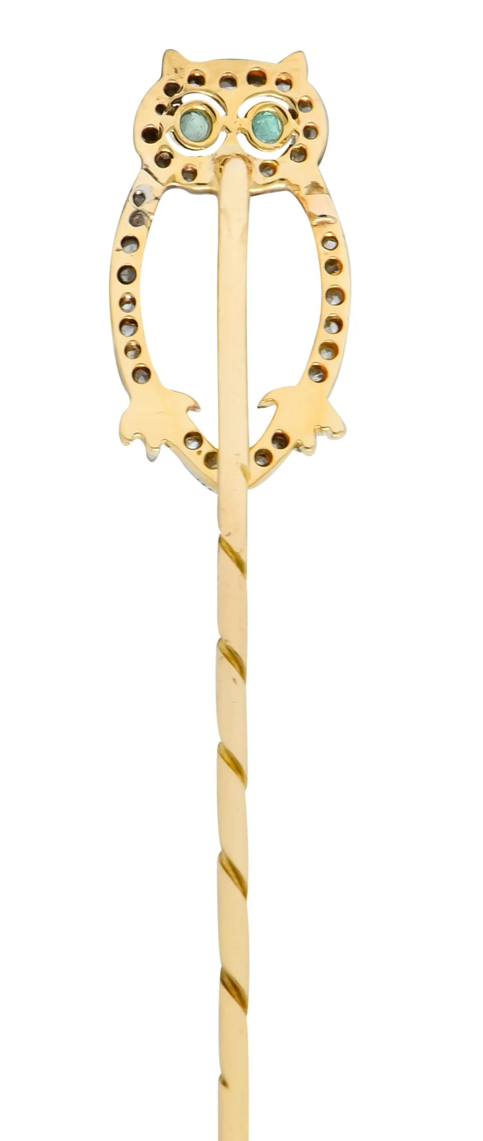 Edwardian Diamond Emerald Platinum-Topped 14 Karat Gold Owl Stickpin - Image 4