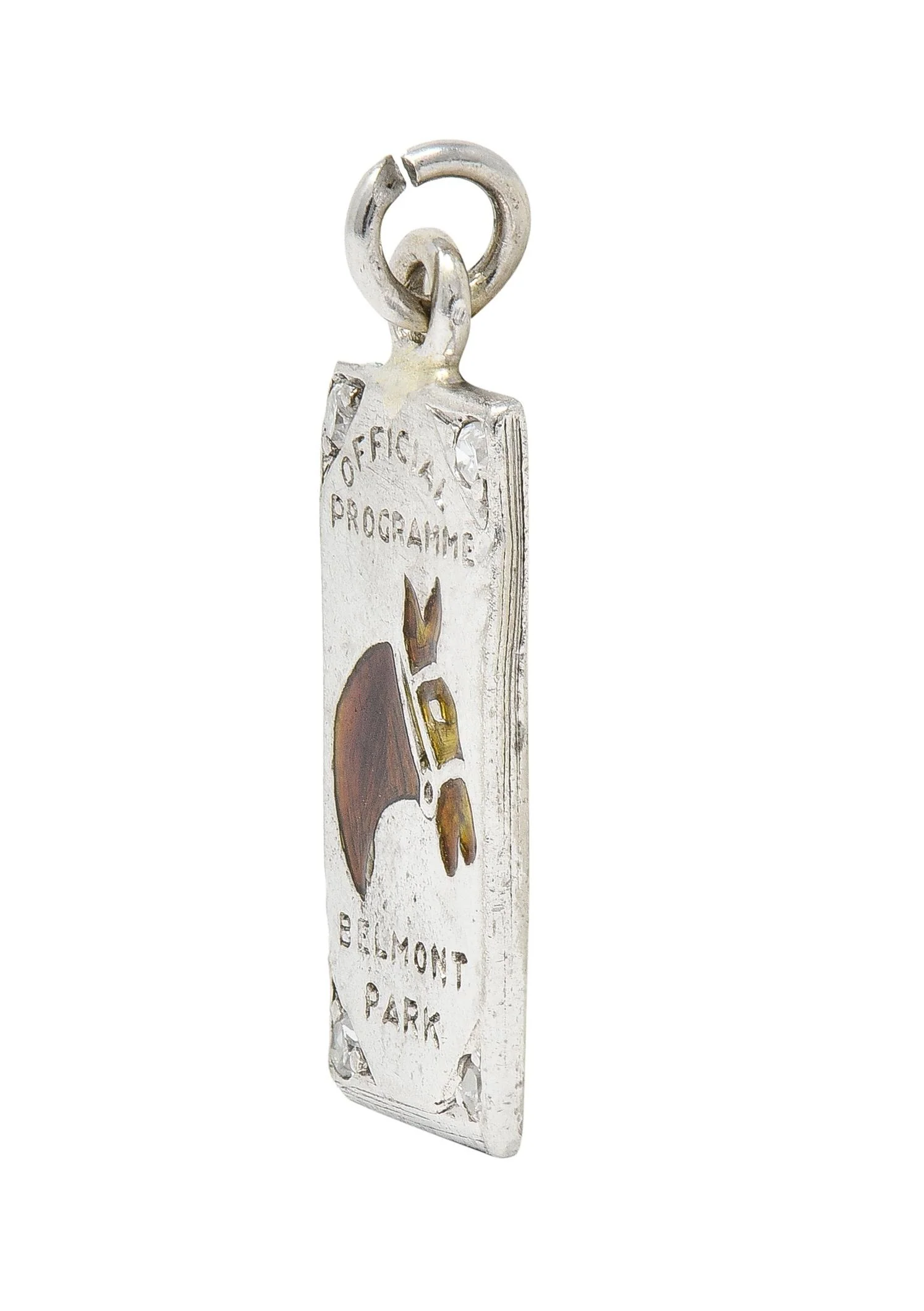 Edwardian Diamond Enamel Platinum Belmont Park Antique Horse Race Program Charm - Image 4