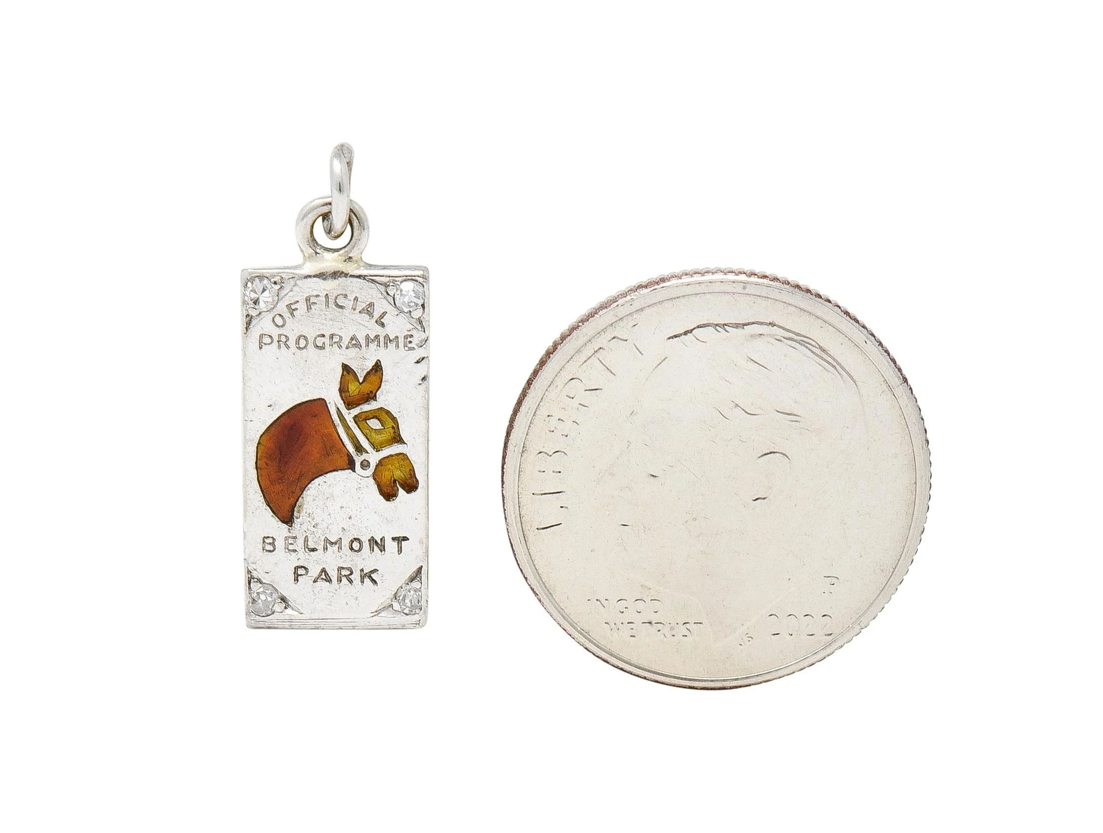 Edwardian Diamond Enamel Platinum Belmont Park Antique Horse Race Program Charm - Image 5