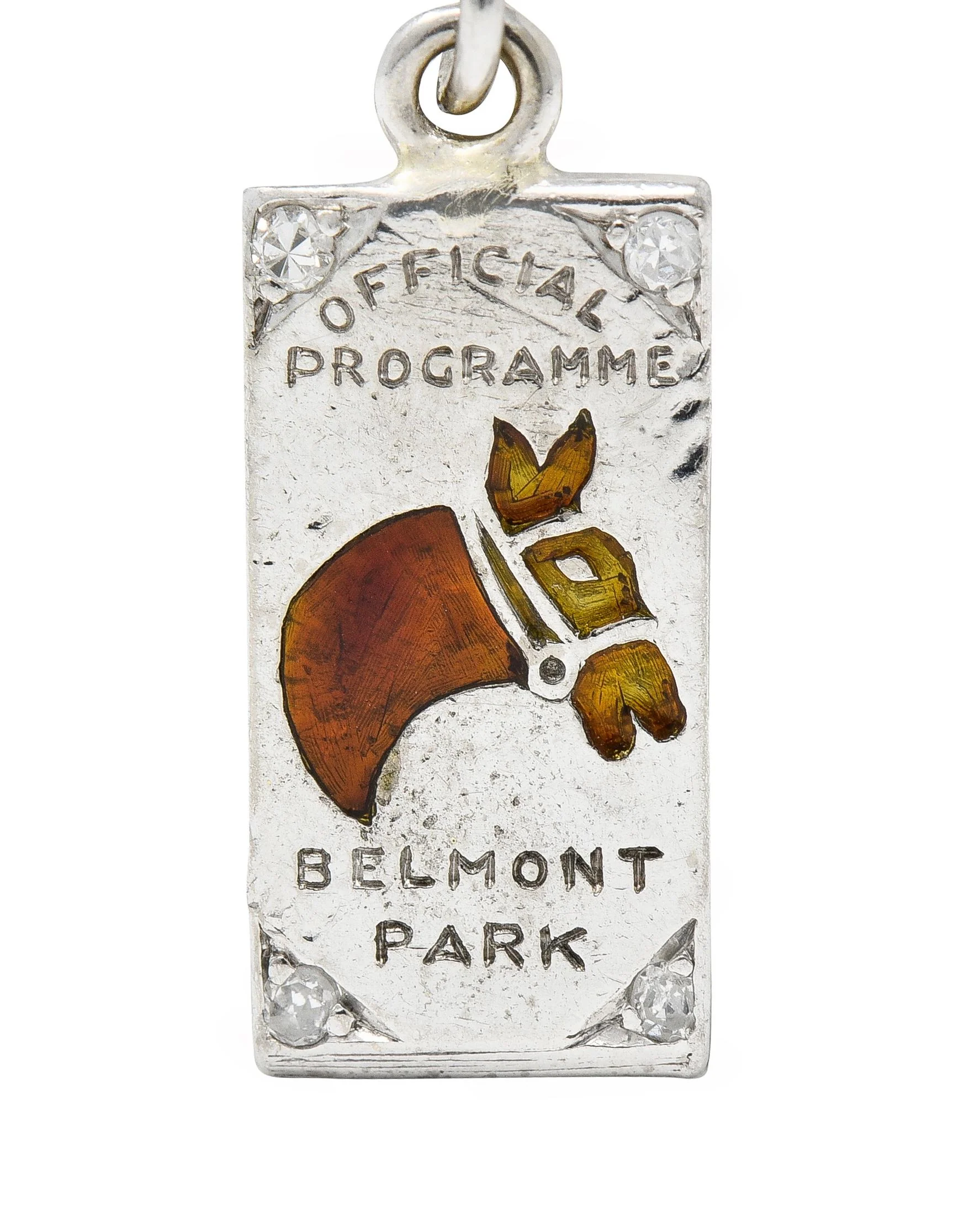 Edwardian Diamond Enamel Platinum Belmont Park Antique Horse Race Program Charm - Image 7