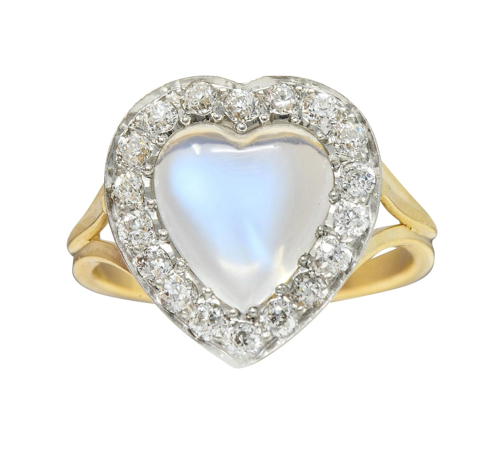 Edwardian Diamond Moonstone Platinum 14 Karat Gold Antique Heart Halo Ring