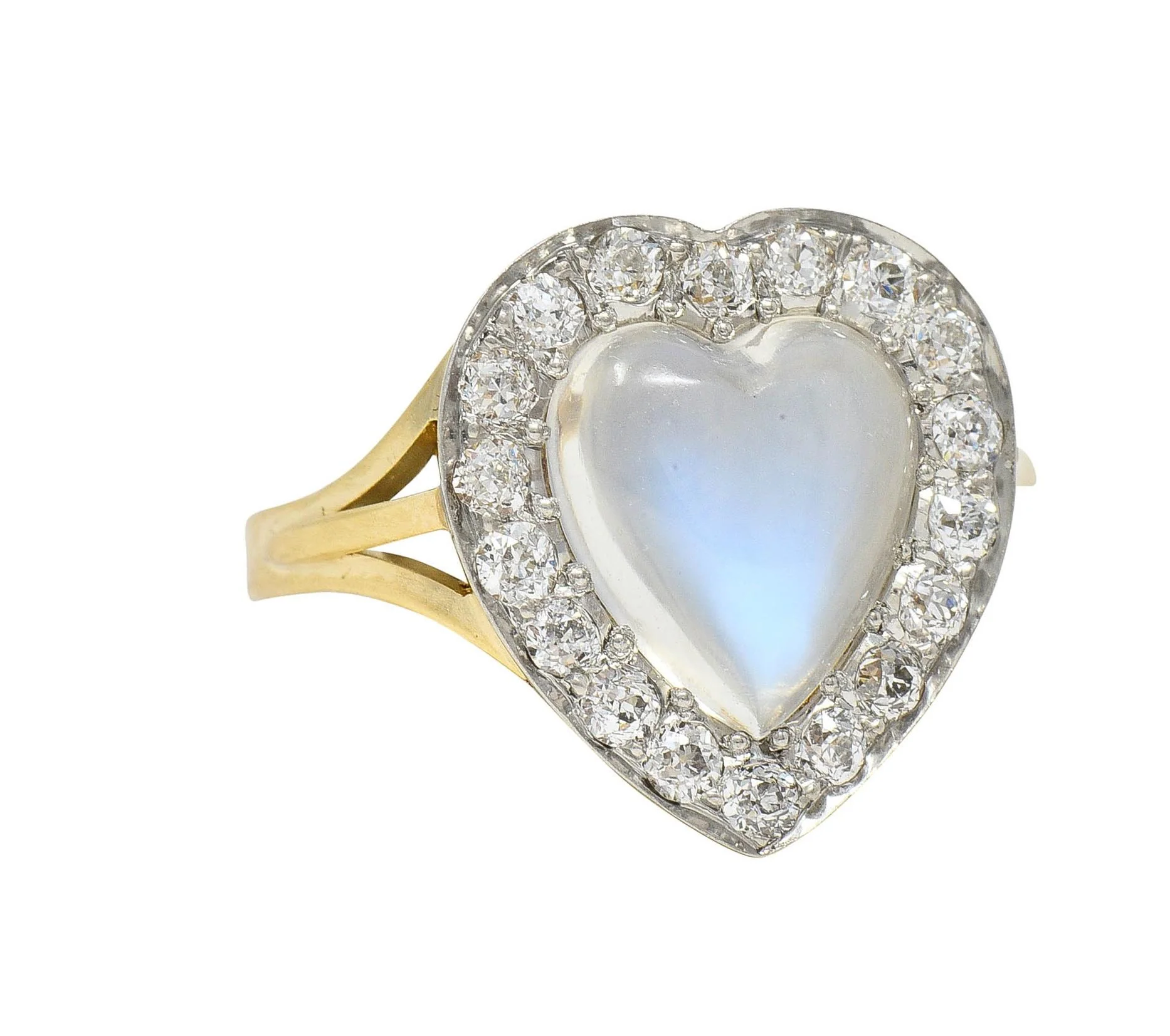 Edwardian Diamond Moonstone Platinum 14 Karat Gold Antique Heart Halo Ring - Image 12