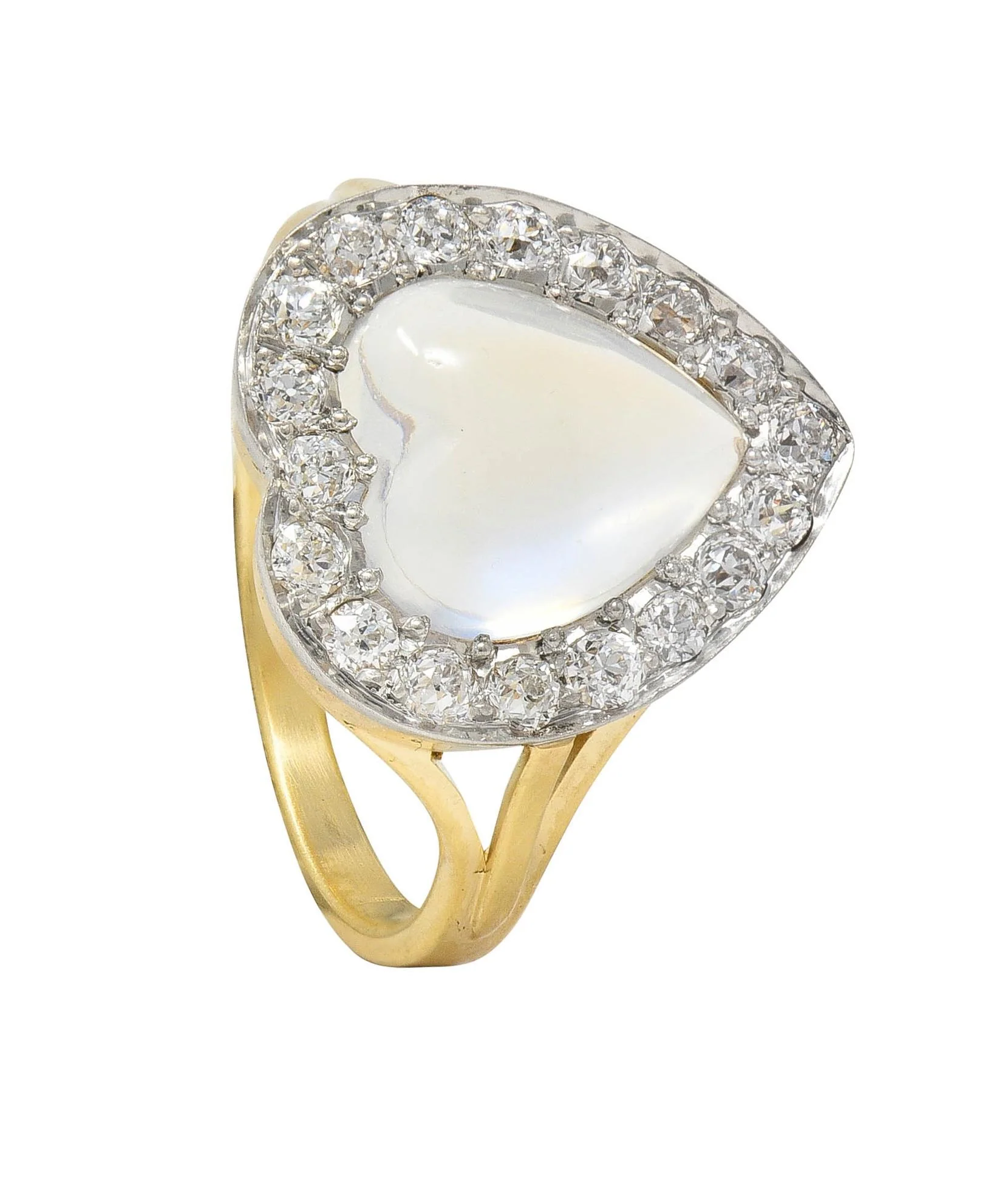 Edwardian Diamond Moonstone Platinum 14 Karat Gold Antique Heart Halo Ring - Image 13