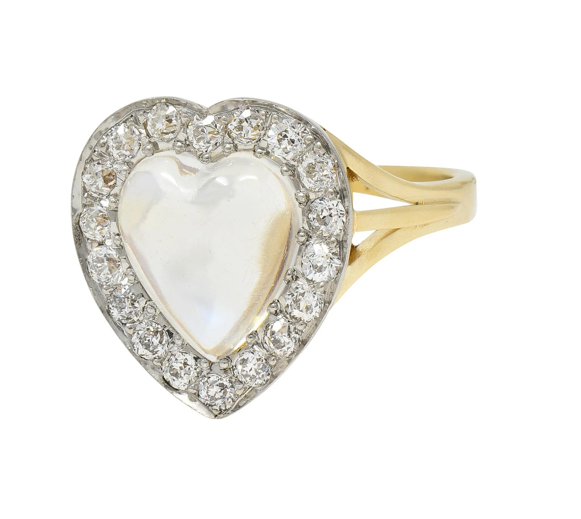 Edwardian Diamond Moonstone Platinum 14 Karat Gold Antique Heart Halo Ring - Image 6