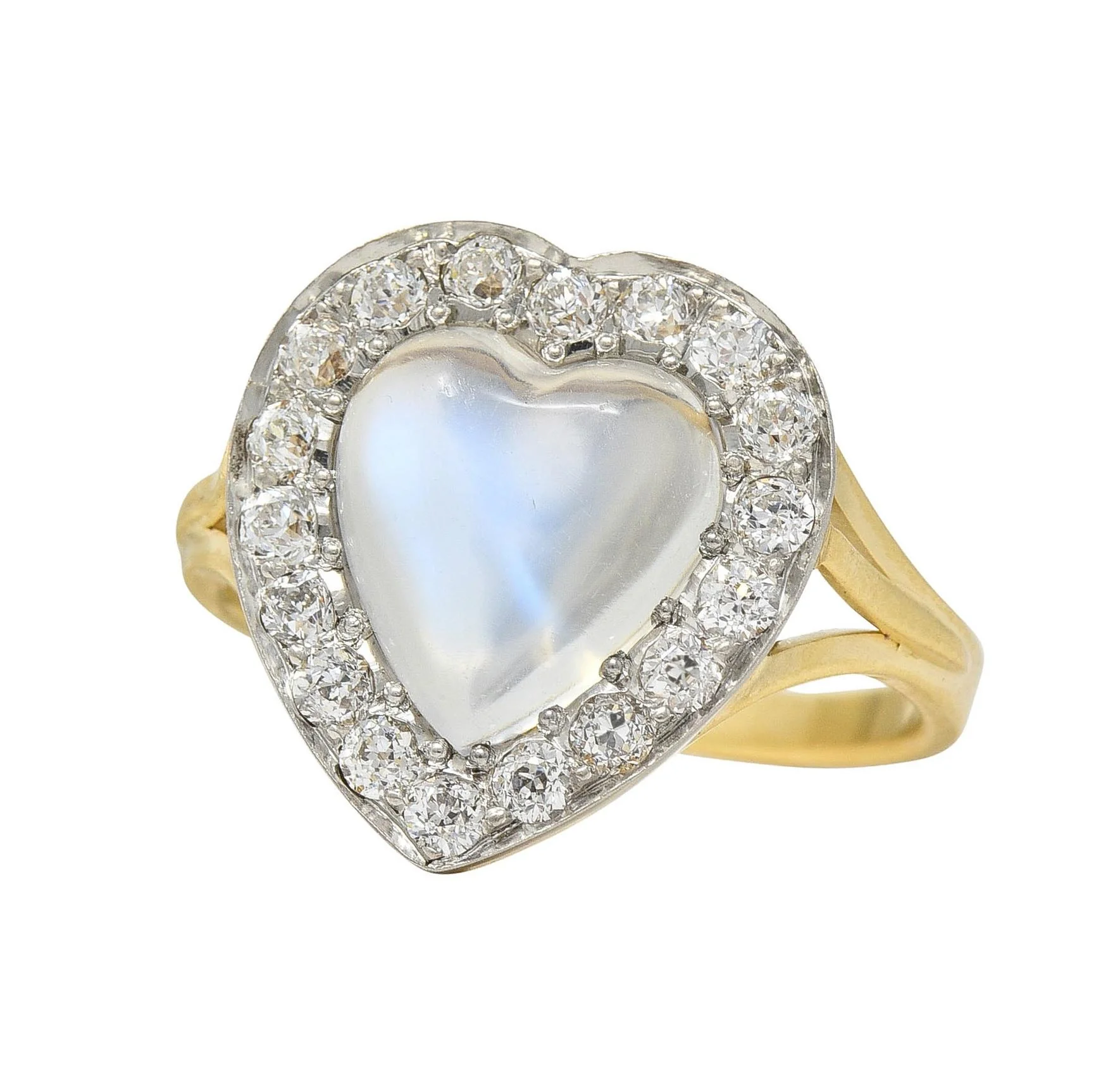 Edwardian Diamond Moonstone Platinum 14 Karat Gold Antique Heart Halo Ring - Image 8