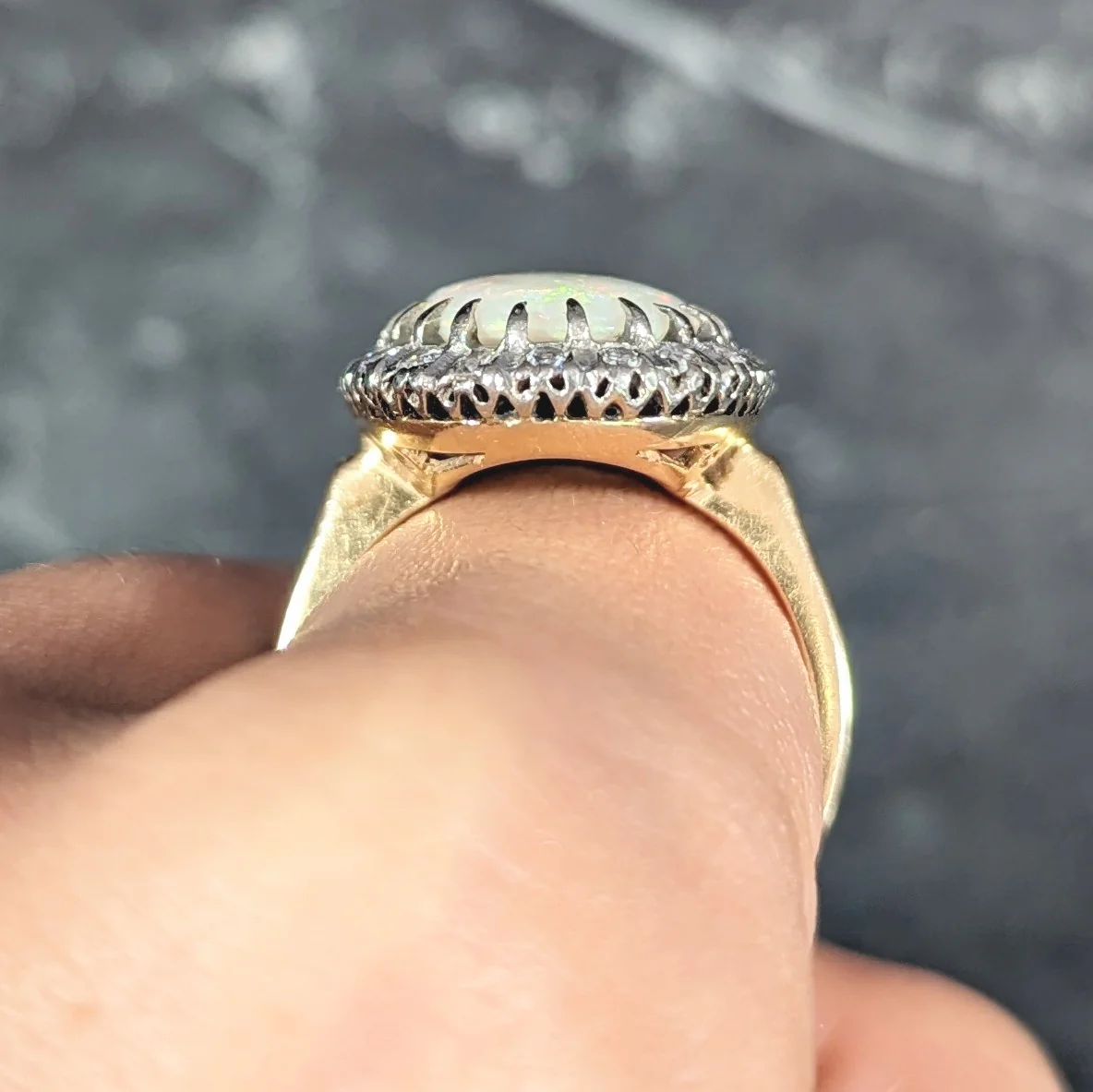 Edwardian Diamond Opal Cabochon Platinum-Topped 14 Karat Yellow Gold Antique Halo Ring - Image 11
