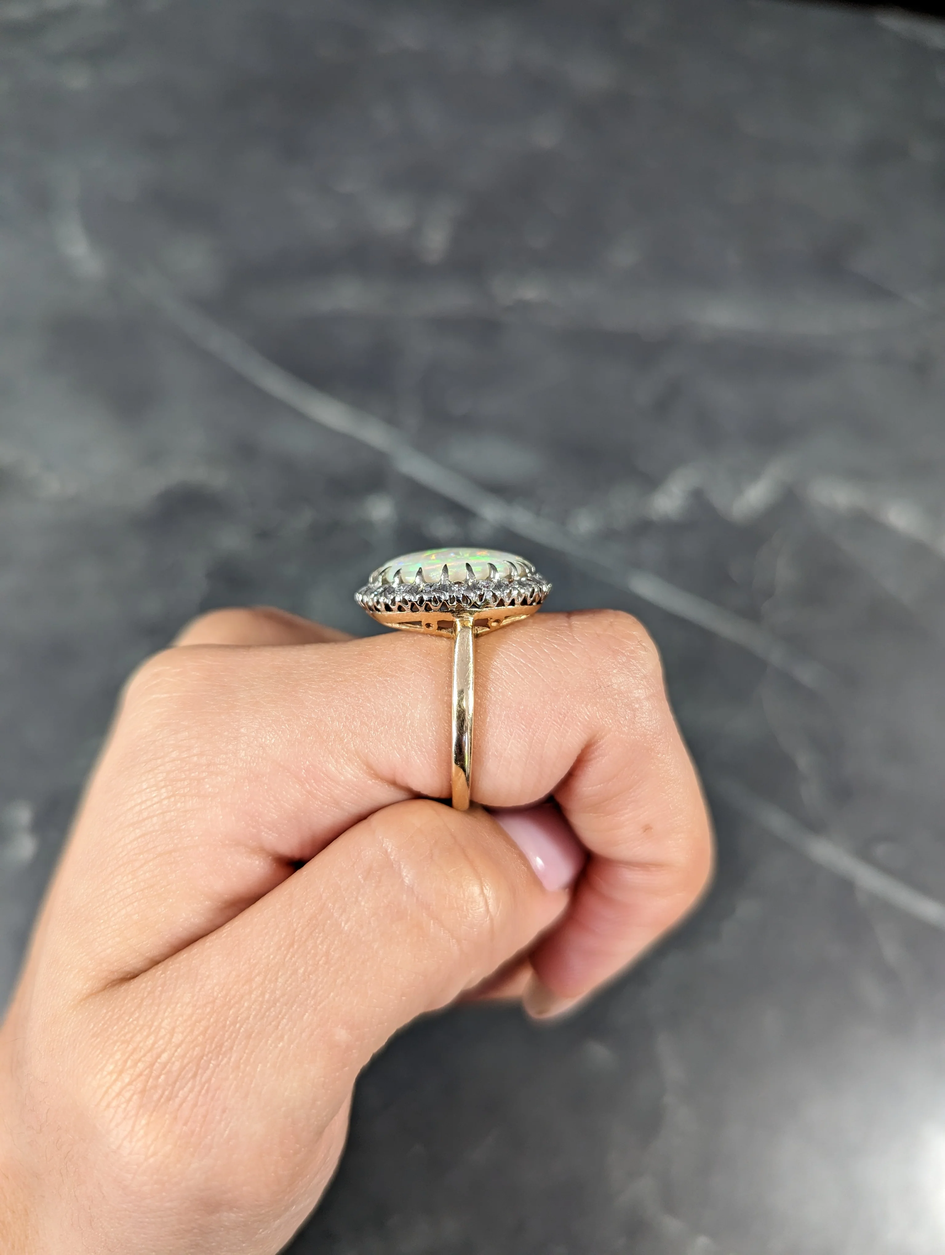Edwardian Diamond Opal Cabochon Platinum-Topped 14 Karat Yellow Gold Antique Halo Ring - Image 12