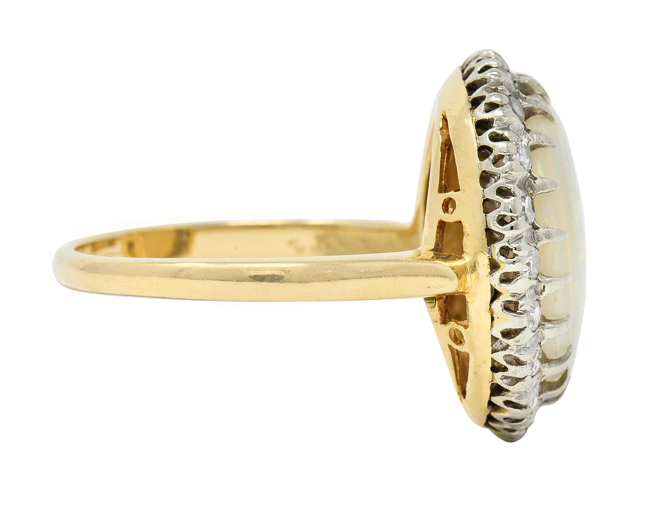 Edwardian Diamond Opal Cabochon Platinum-Topped 14 Karat Yellow Gold Antique Halo Ring - Image 3