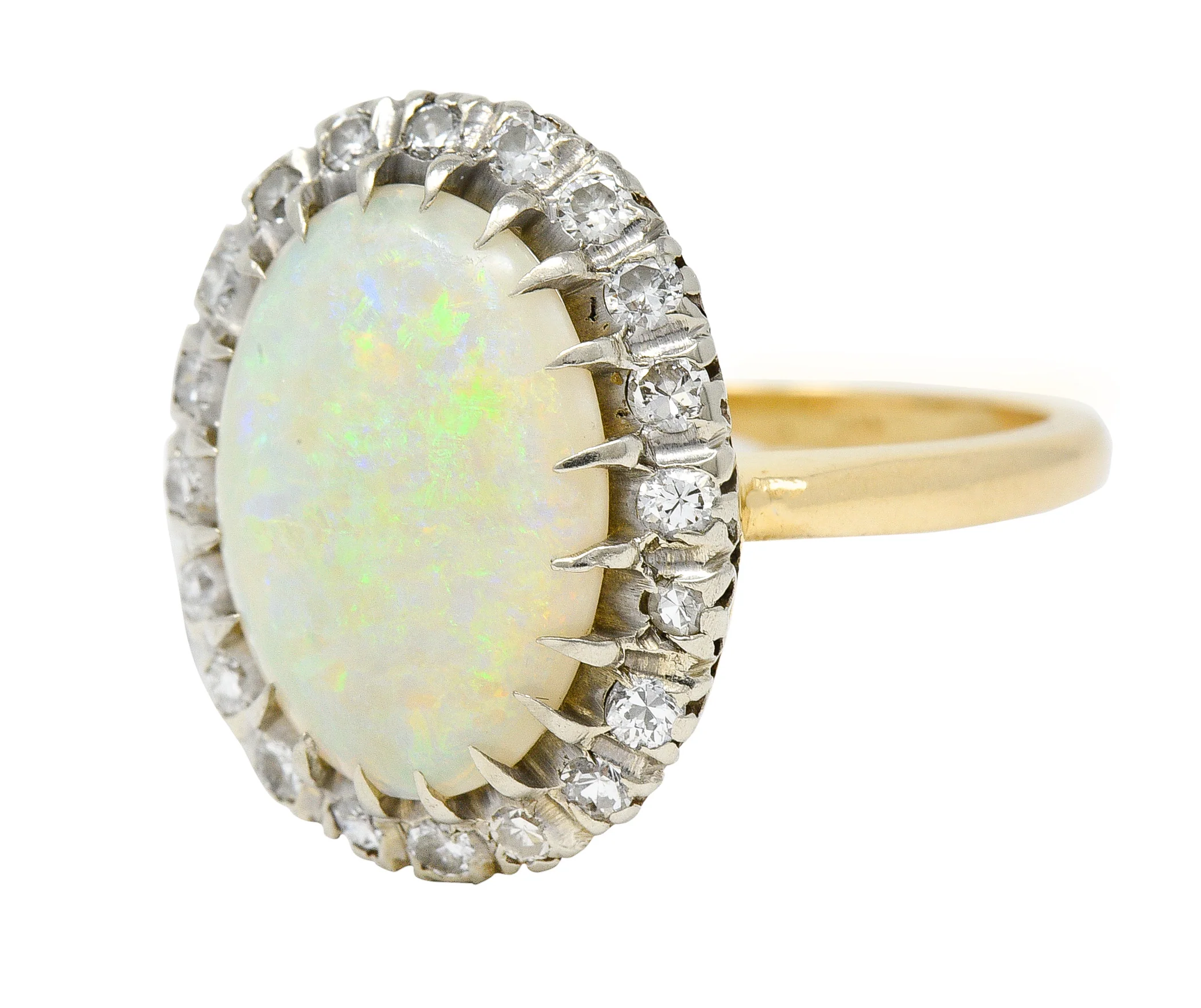 Edwardian Diamond Opal Cabochon Platinum-Topped 14 Karat Yellow Gold Antique Halo Ring - Image 6