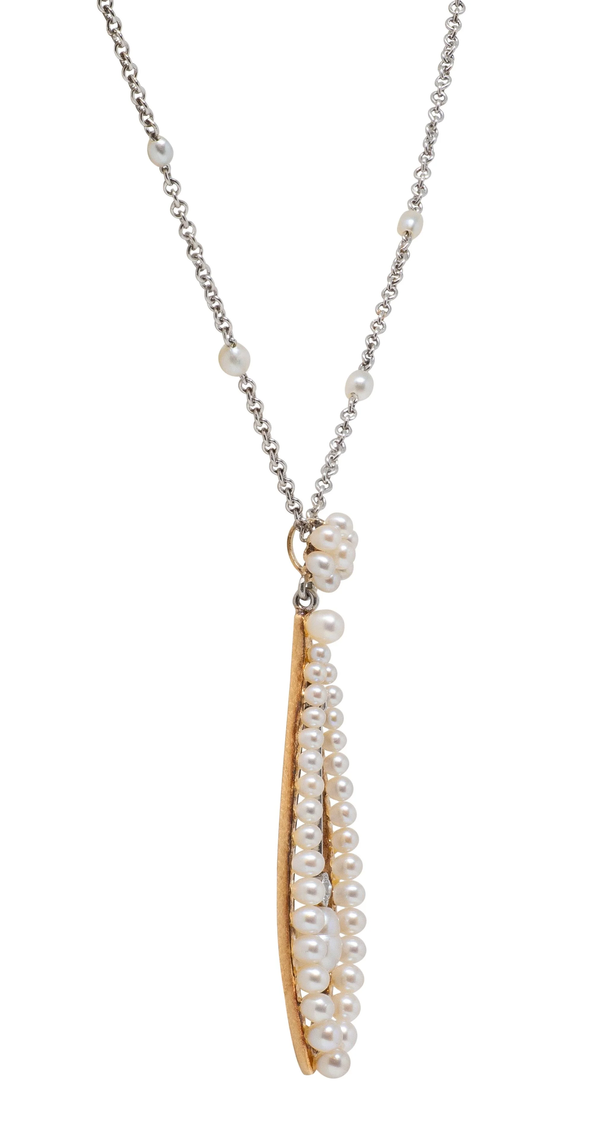 Edwardian Diamond Pearl Platinum 14 Karat Yellow Gold Antique Pendant Necklace - Image 6
