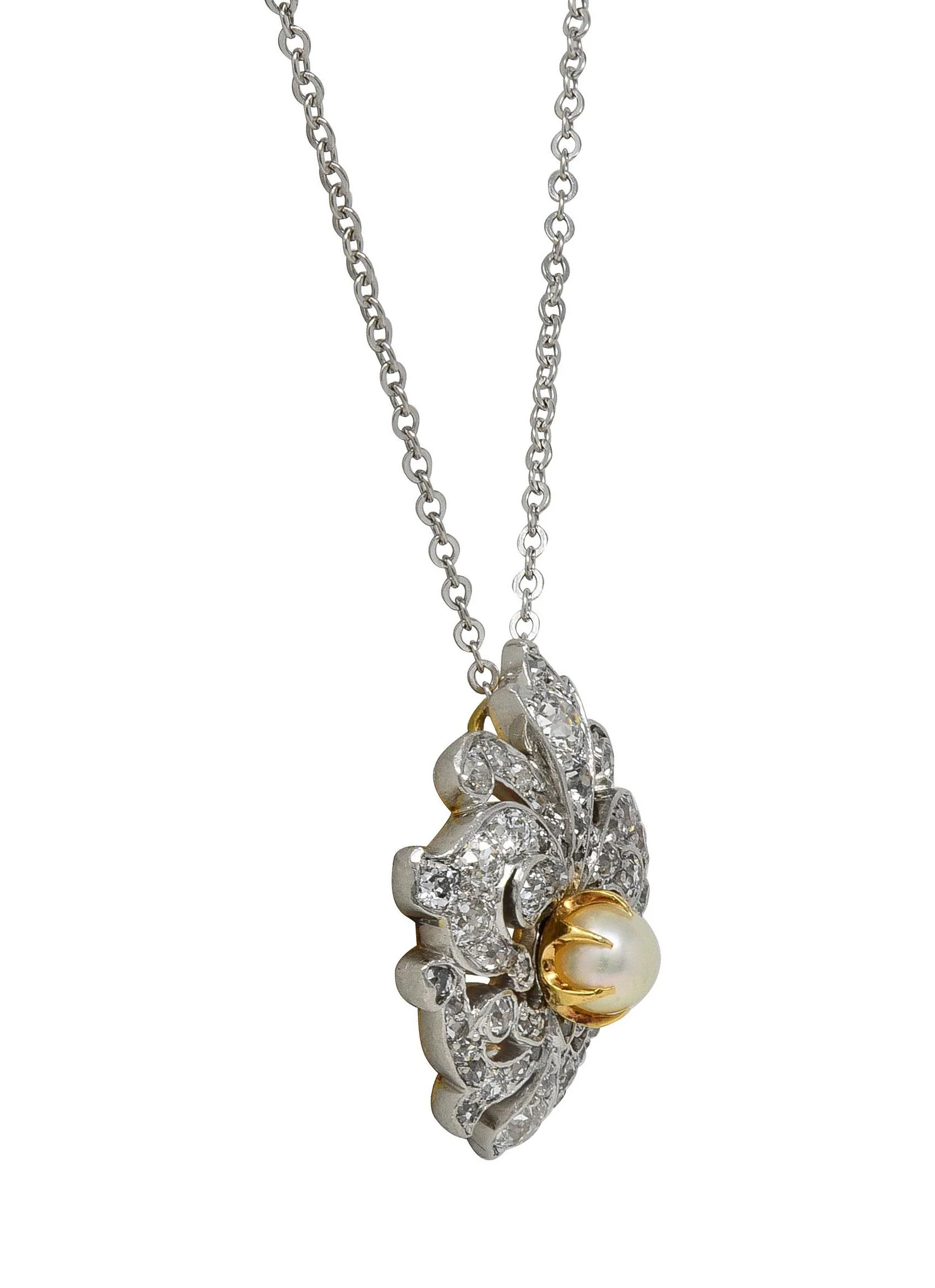 Edwardian Diamond Pearl Platinum 18 Karat Gold Scrolling Fleur-De-Lis Antique Pendant Necklace - Image 6